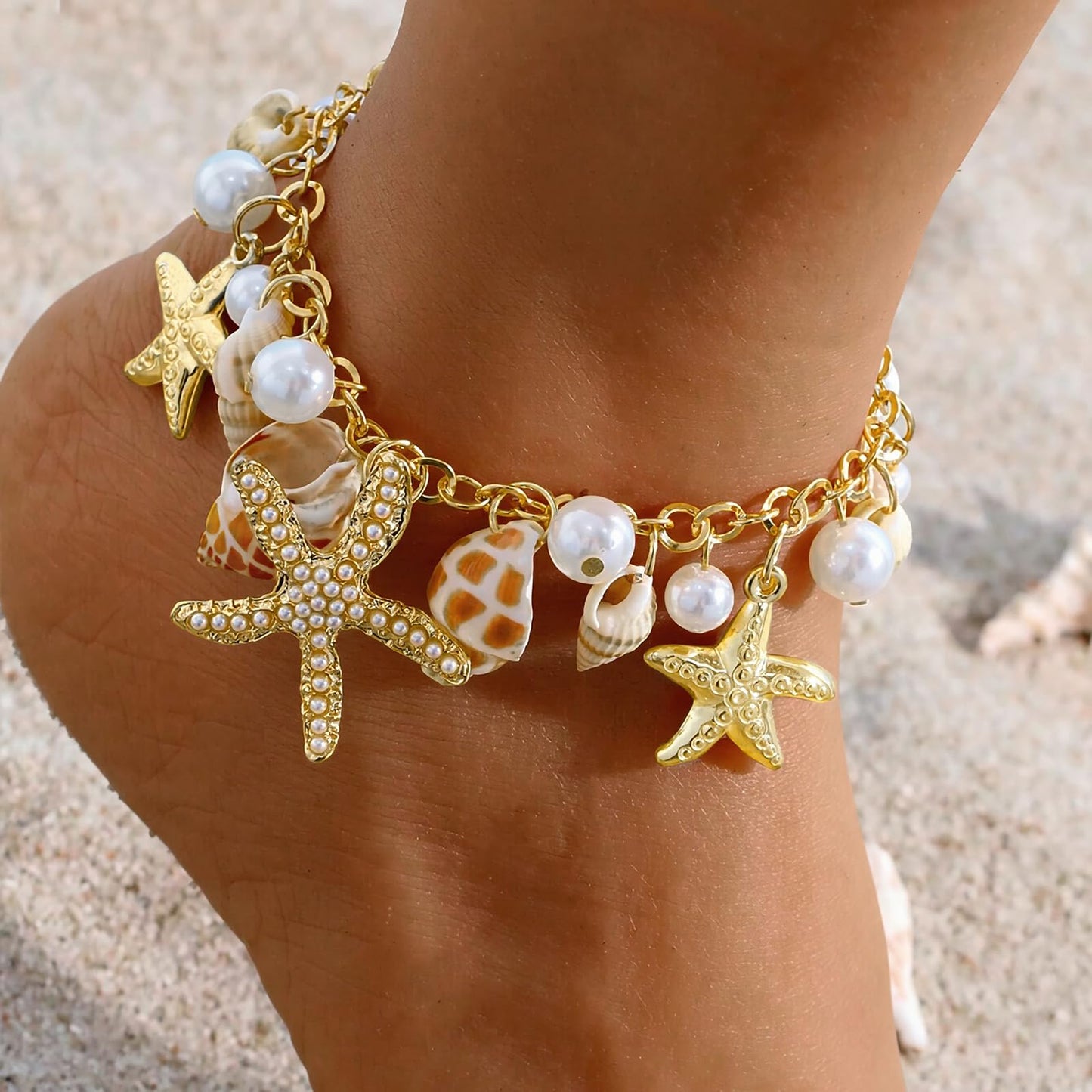 Qceasiy Shell Ankle Bracelet Set for Women, Gold Plated Boho Bead Adjustable Anklet, Hawaiian Beach Seashell Pearl Heart Starfish Conch Foot Jewelry Gifts (Conch Starfish1)