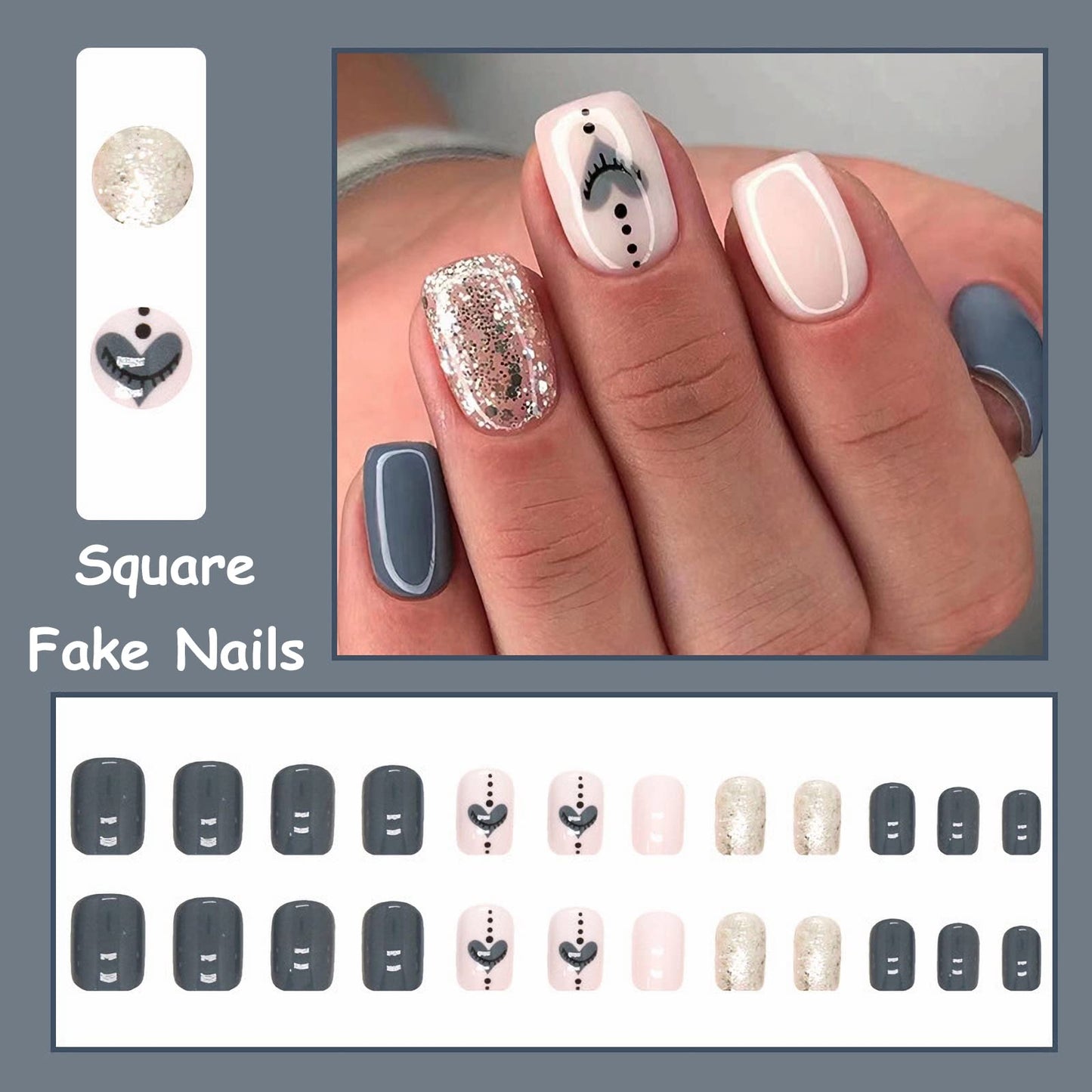 MISUD Press on Nails - Short Square Fake Nails with Gray Blue, Acrylic Bling Glitter Design 24 pcs
