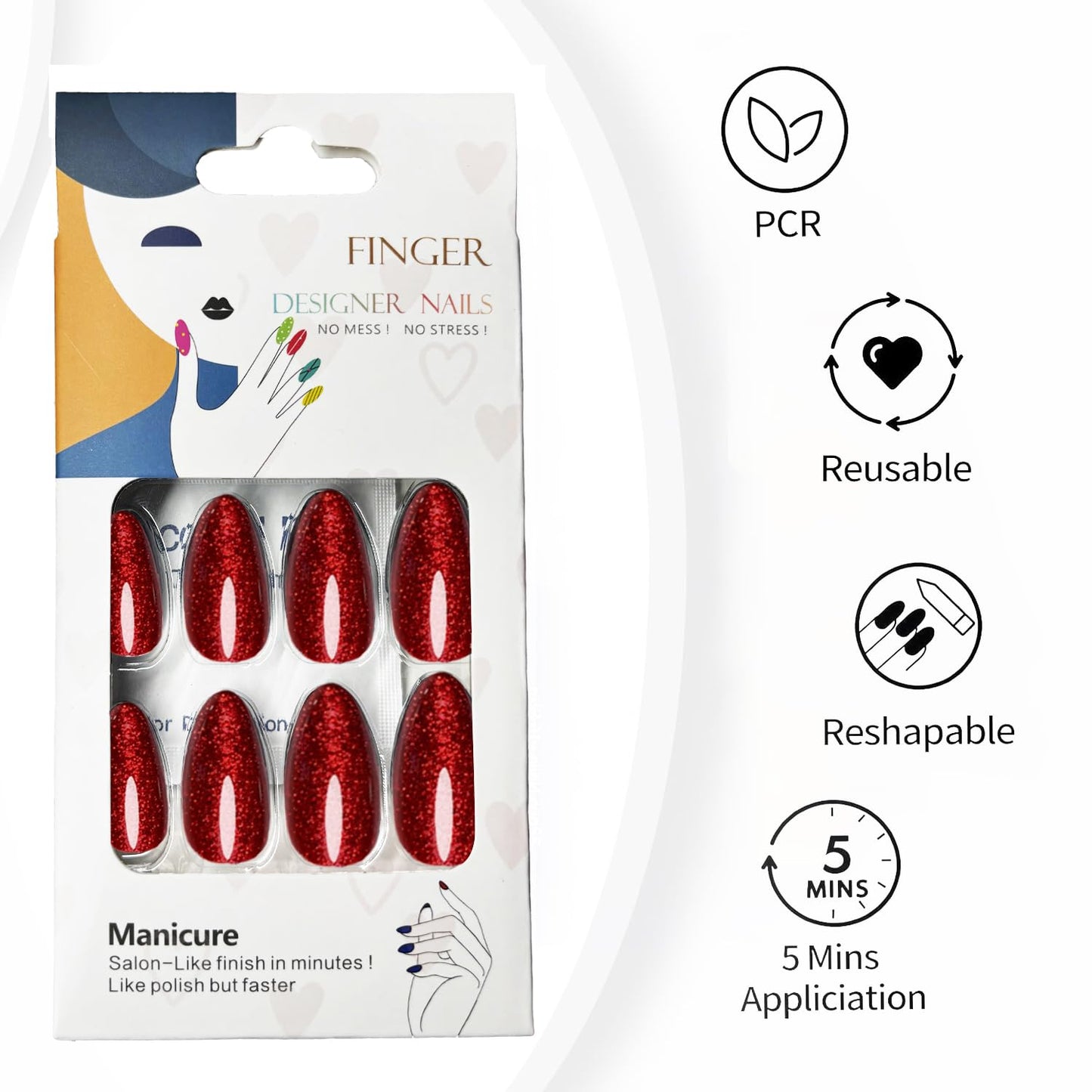 Red Glitter Press On Nails Almond -Short Press On Nails with Nail Glue, Fit Perfectly & Natural Reusable Stick On Nails in 12 Sizes - 24PCS Soft Gel Glue On Nails Kit
