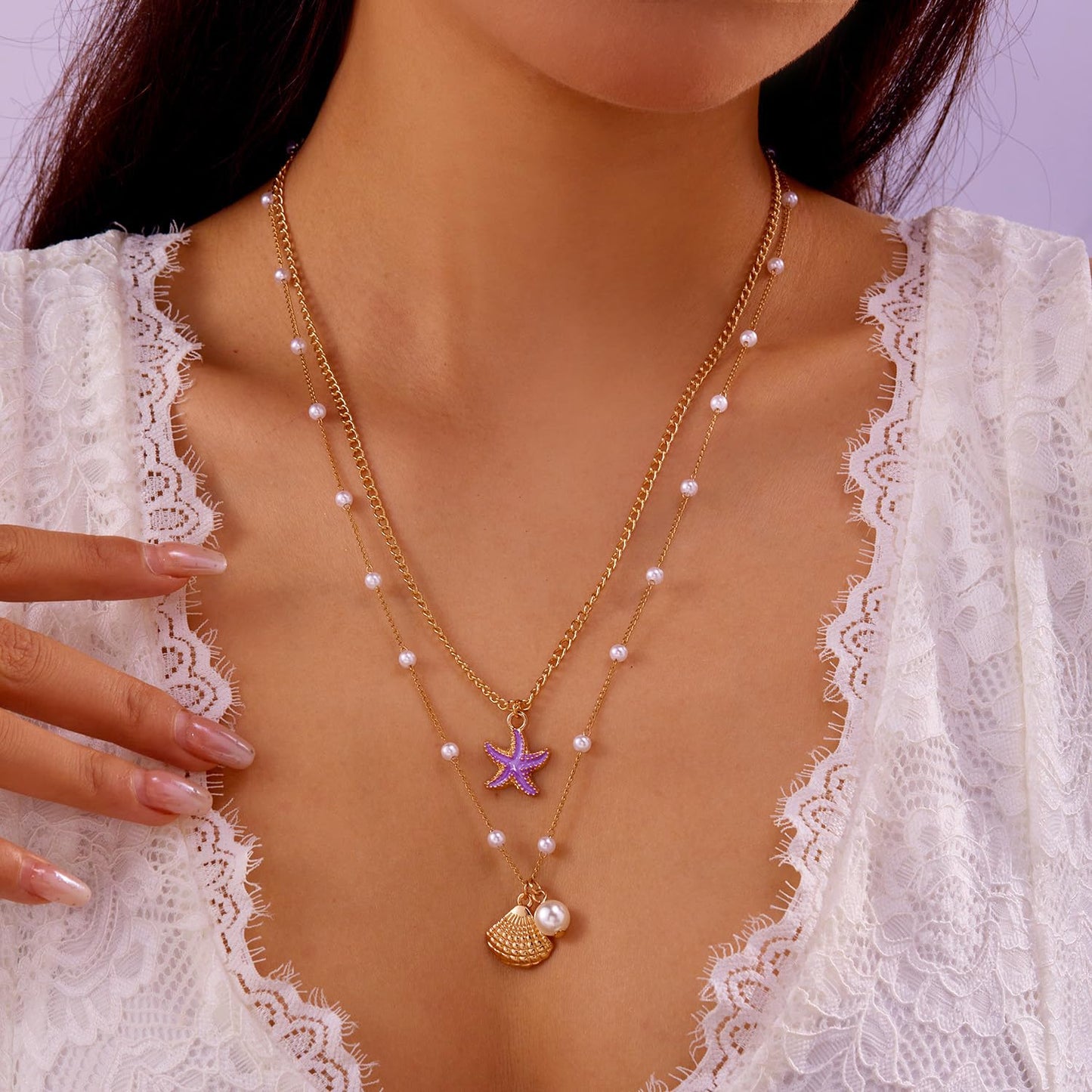Cicod Starfish Necklace Gold SeaShell Charm Necklaces Boho Layered Conch Turtles Sea Shell Necklaces Summer Beach Jewelry for Women (Purple)
