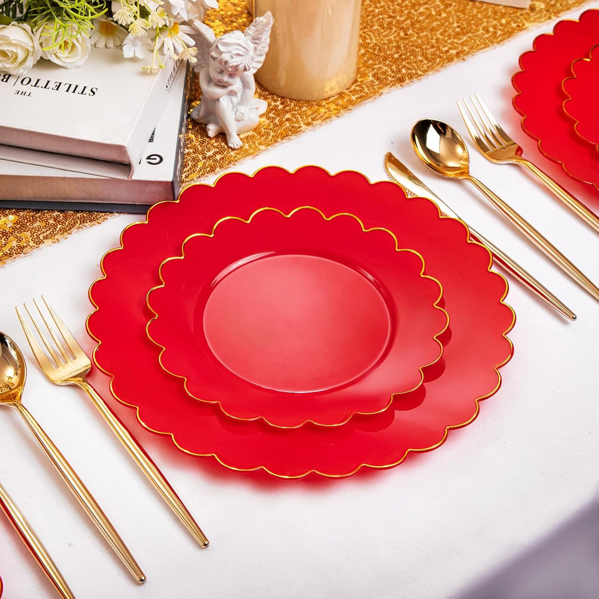 LIYH 60 Pcs Red Scalloped Plastic Christmas Plates with Gold Edge - Red Disposable Plates with Gold Rim Includes 30 Dessert & 30 Dinner Plate Dishes Tableware for Party Christmas Day