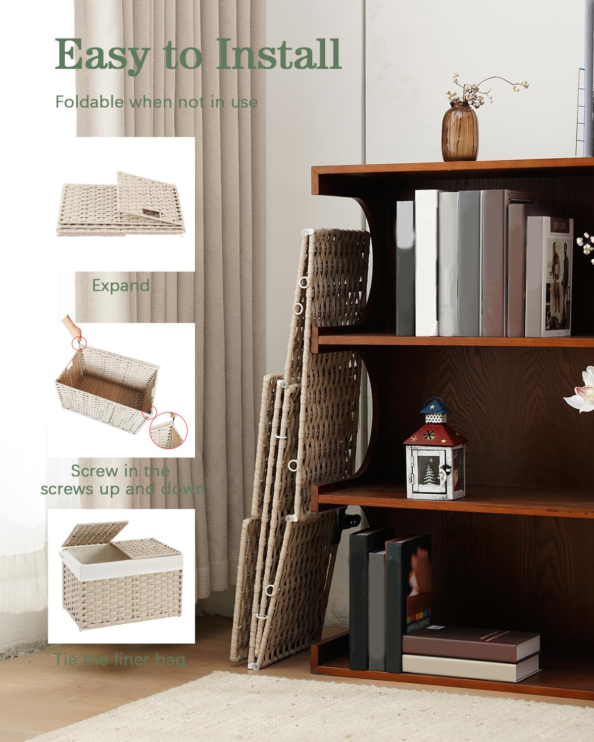 Storage Basket with Lid 160L Wicker Baskets Storage Light Khaki
