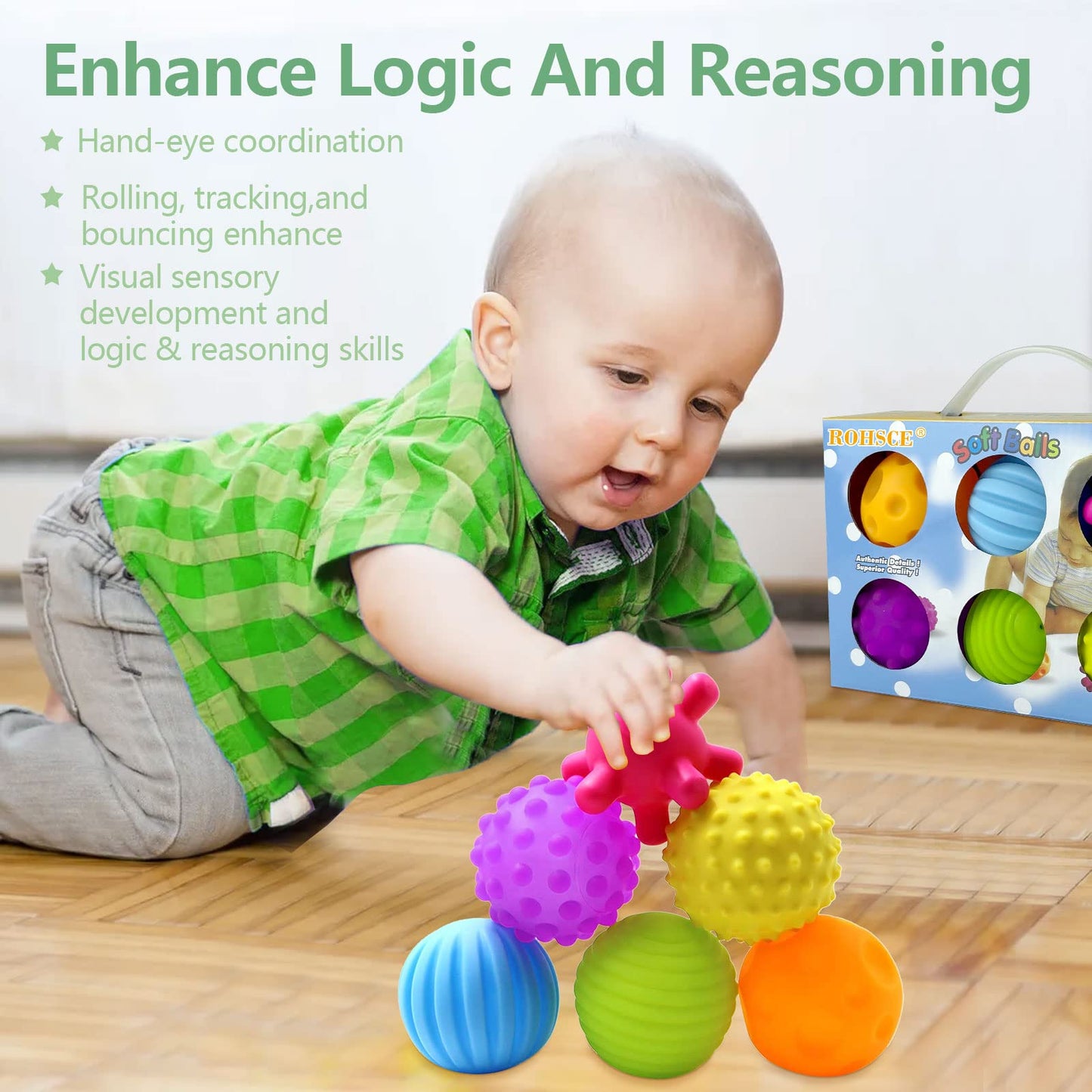 Baby Sensory Toy Bundle - 6-Piece Infant Textured Squeeze Balls (Multi-Massage) + Rattle Teething Balls, Montessori Soft Chew Rattles, Safe Wheat Straw Travel Toys, Developmental Newborn 6-12 Months