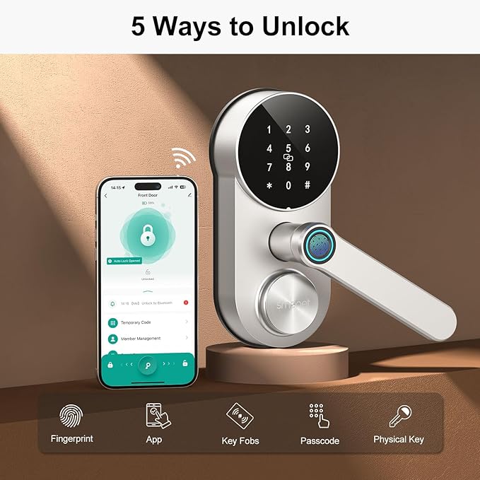 Smart WiFi Lock for Front Door: SMONET Fingerprint Keypad Lock with Handle - Keyless Entry Door Lock Compatible with Alexa Easy Installation
