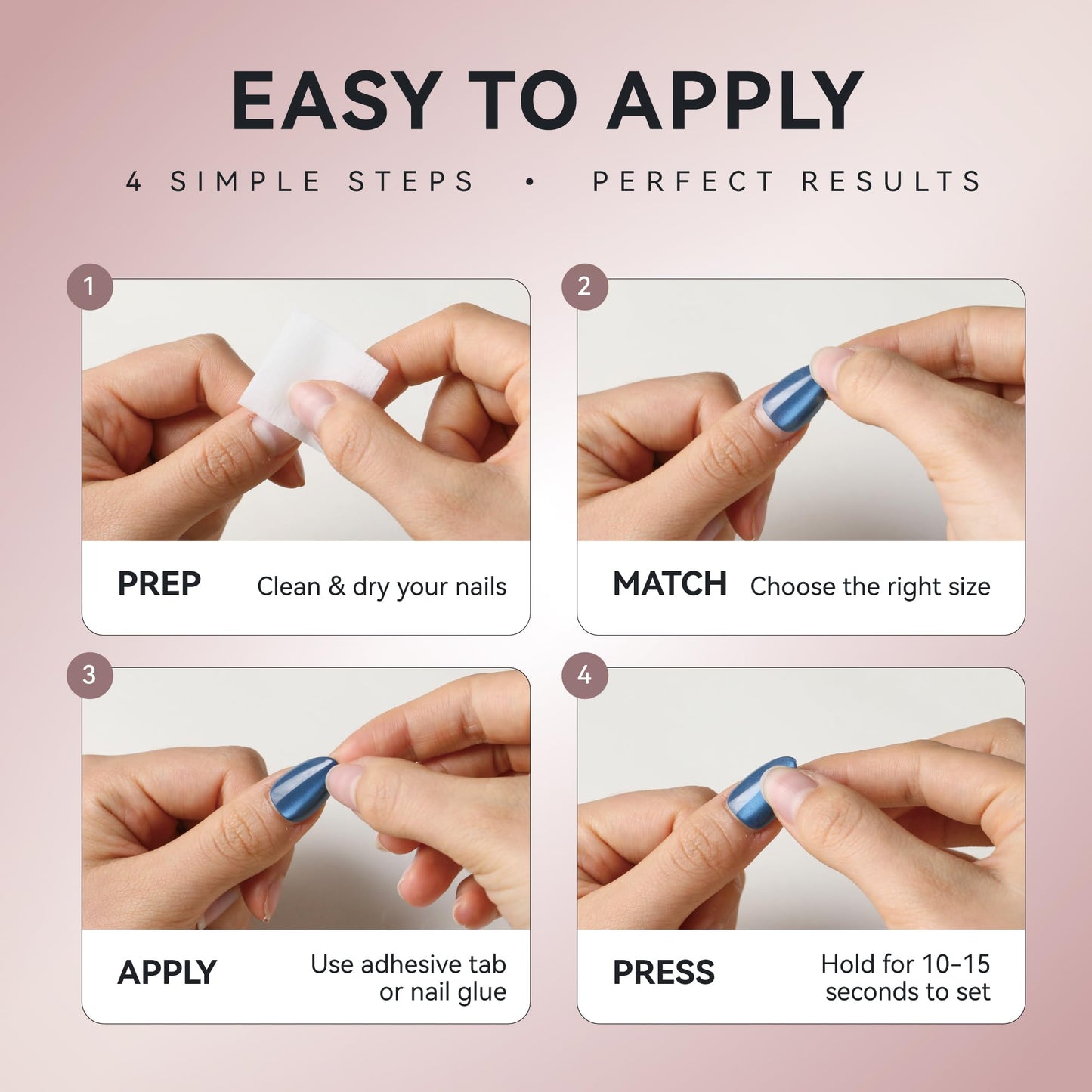 ELLEWIN 60 Pcs Cat Eye Press on Nails Medium Almond - Silver & Navy Blue, 15 Sizes Acrylic Glossy Glitter Stick on Nails Set with Glue, Remover & Accessories for Women