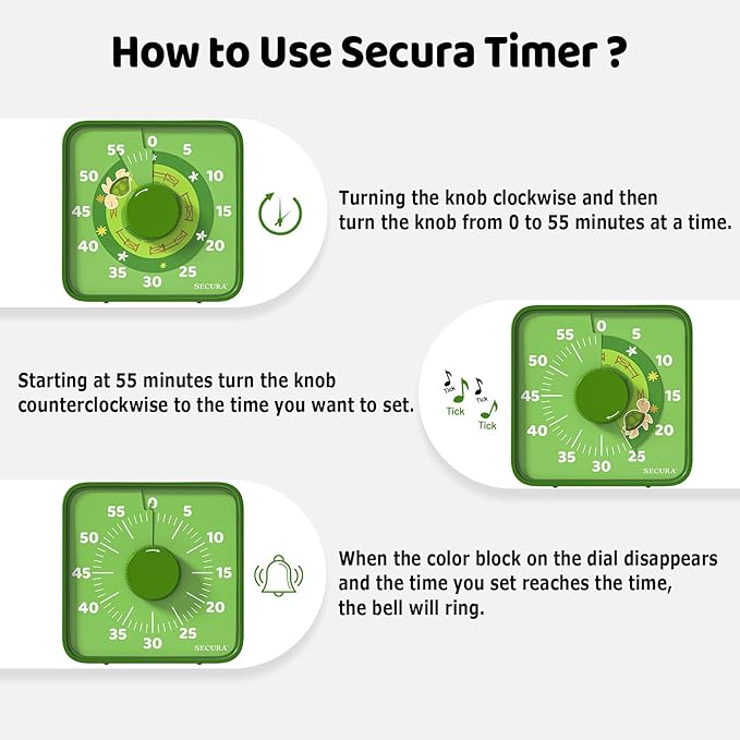 Secura 7.5-Inch Animal Pattern Visual Timer for Kids, 60-Minute Countdown Timer for Classroom or Kitchen, Durable Mechanical Timer Clock with Magnetic Backing (Green)