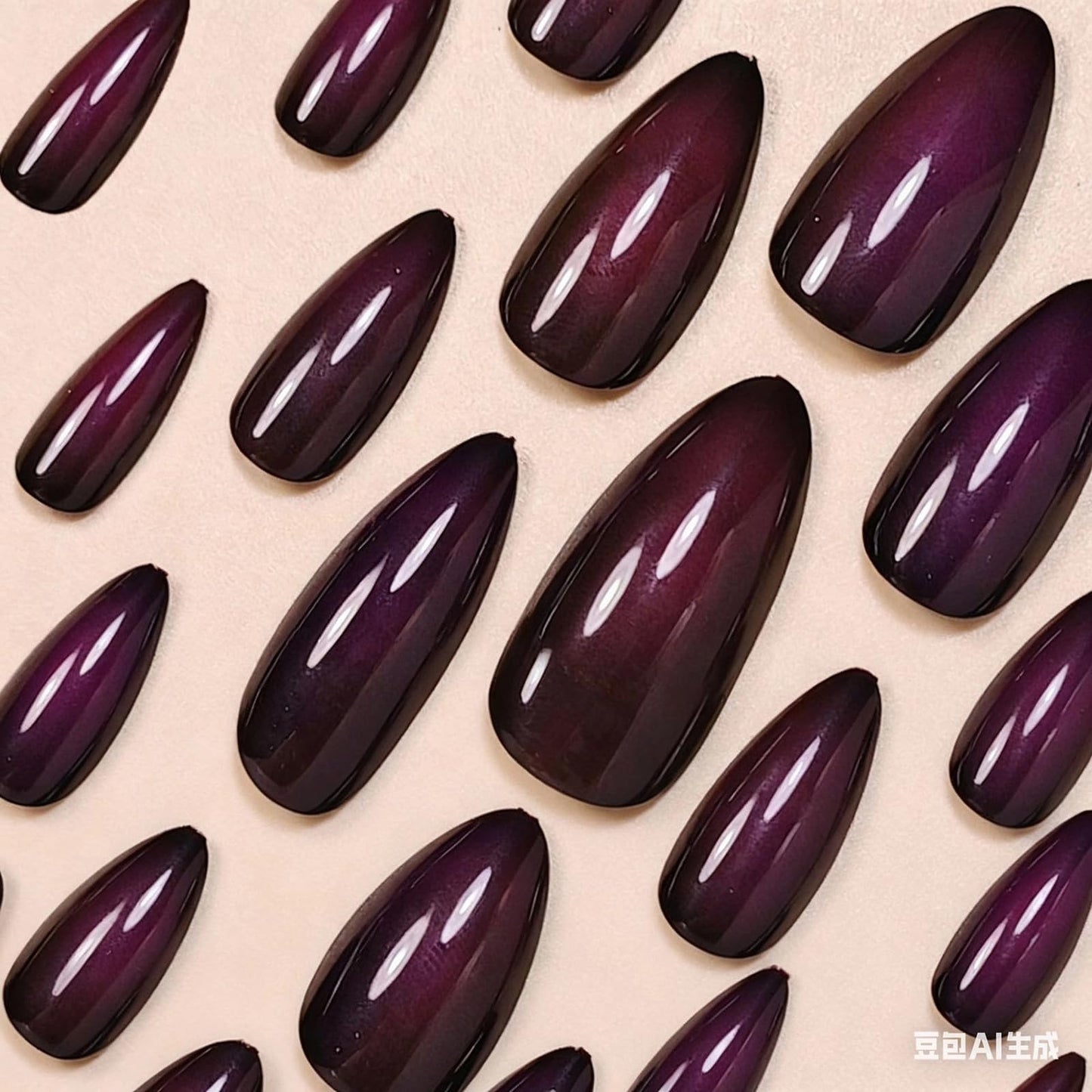 MISUD Press on Nails - Medium Almond Fake Nails with Goth Purple Black, Acrylic Gothic Design 24 pcs