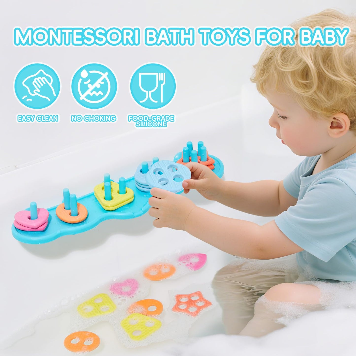 Silicone Color and Shape Sorting & Stacking Toys & 16PCS Baby Bath Toys