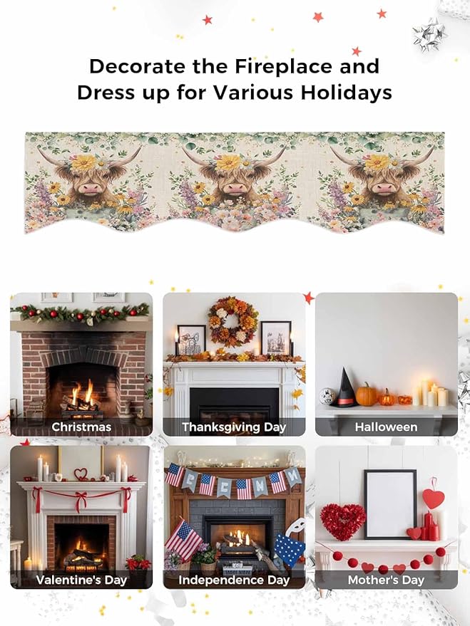 Spring Cow Floral Fireplace Mantel Scarf Table Runner, Green Eucalyptus Leaves Linen Winter Garland Mantel Top Tablerunners Dresser Scarves Cover Decorations for Windows Party Living Room 90''x17''