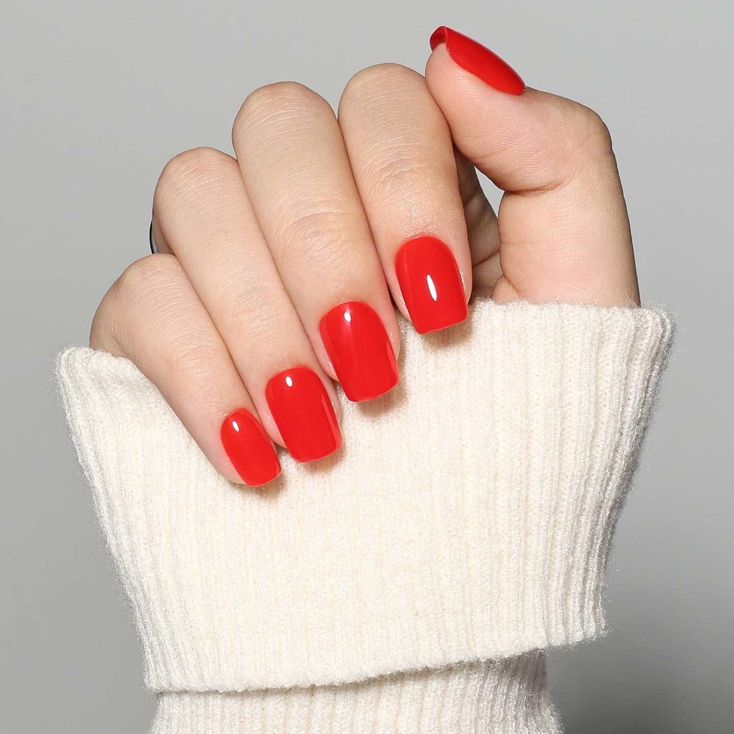 Red Press On Nails - Short Square Bright Red Press On Nails for Women, Reusable Glossy Fake Nails Kit with Glue, 30 Pieces in 15 Sizes