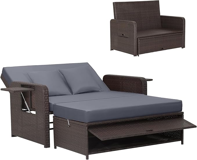 HAPPYGRILL Patio Rattan Wicker Daybed with Loveseat & Storage Ottoman, Outdoor Lounge Sofa Furniture Set with Adjustable Backrest & Side Trays, for Poolside Deck Porch Lawn (Mix Brown & Grey)