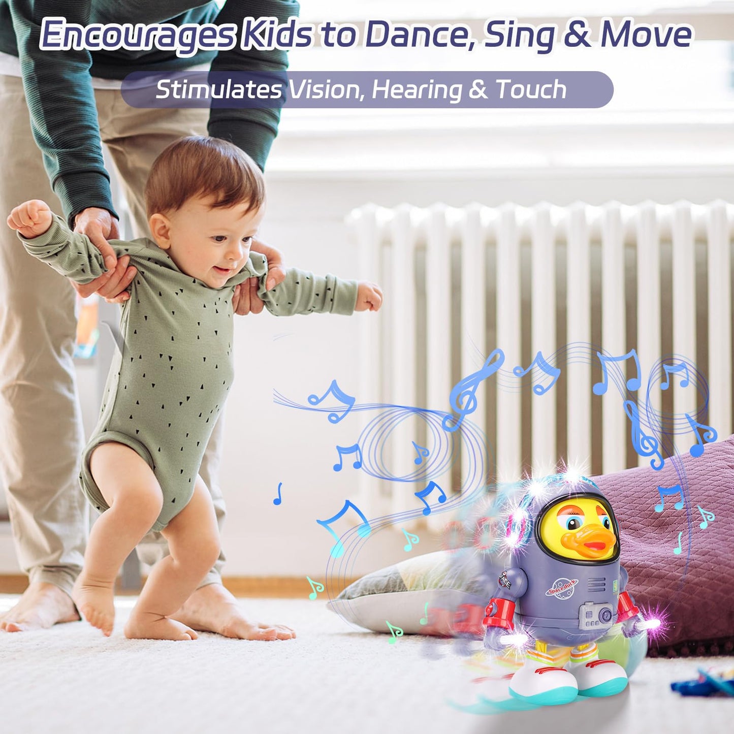 Musical Dancing Space Duck Toy, Walking Duck Robot with Lights & Sounds, Crawling Interaction & Tummy Time Toy for Babies Toddlers Birthday Gift (Blue)