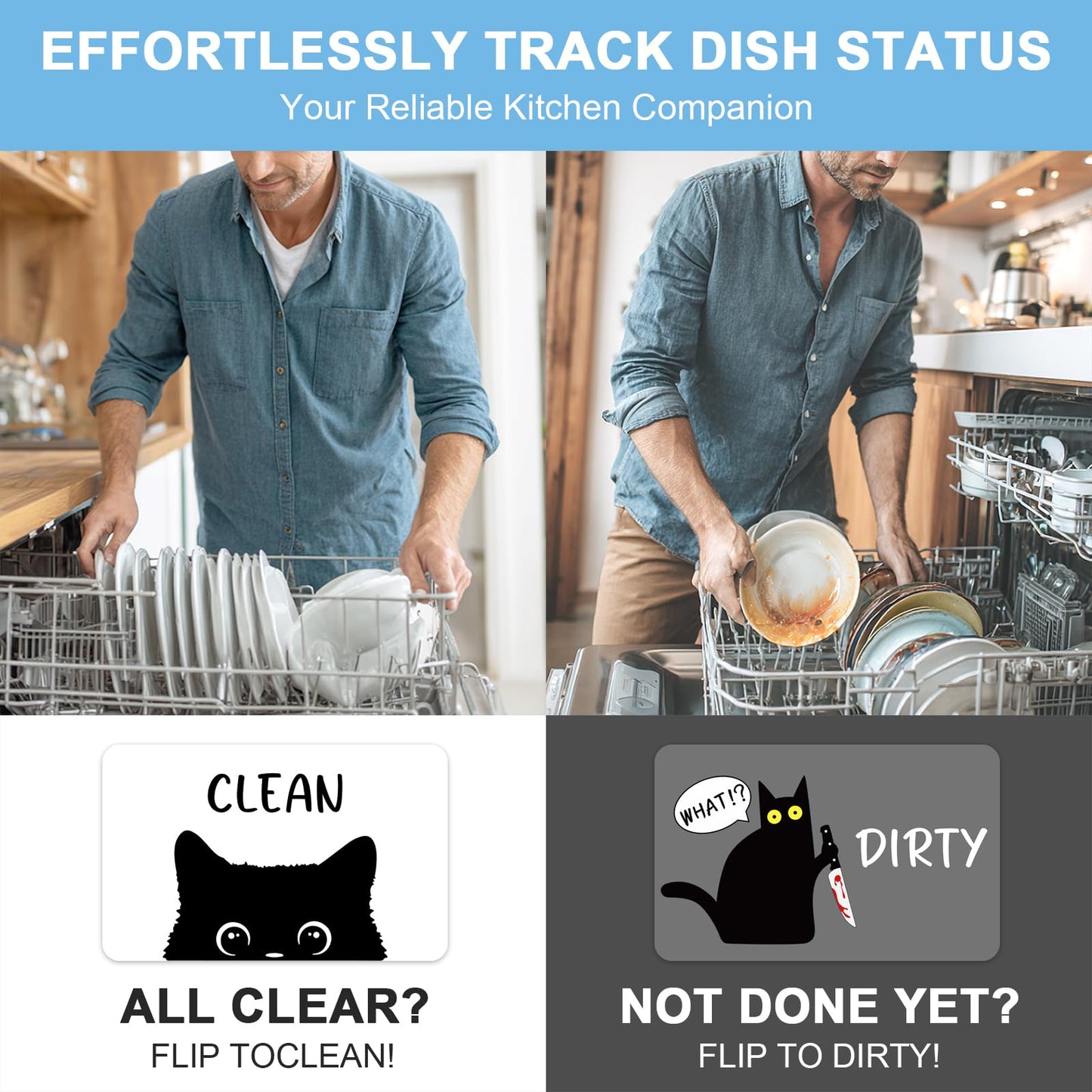 Funny Black Cat Cartoon Clean Dirty Dishwasher Magnet, Washing Machine Magnets Flip, Cute Cat Refrigerator Clean Dirty Sign, Double Sided Reversible Non Scratch Dish Washer Magnet Sign (White&Gray)