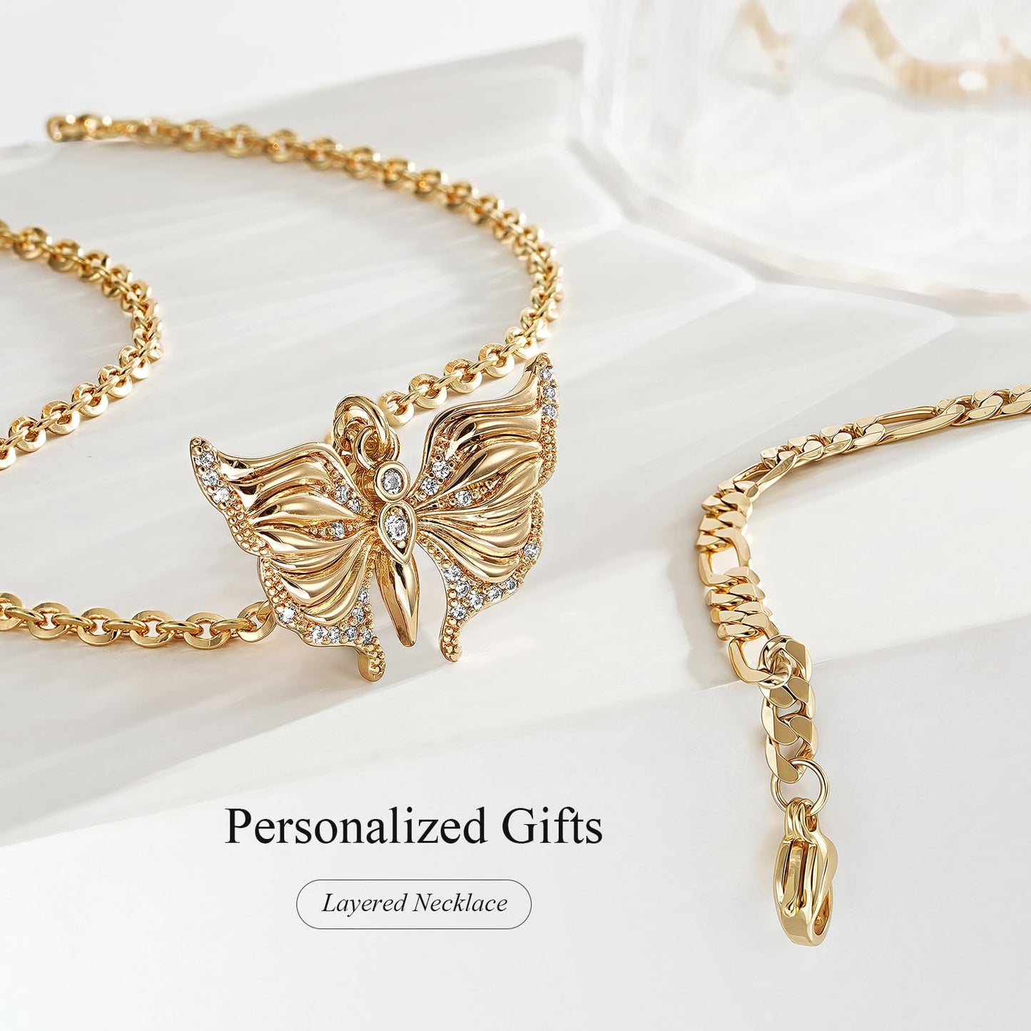 MEVECCO Gold Butterfly Layered Necklace for Women 18K Gold Plated Dainty CZ Charm Figaro Choker Chain Double Layer Pendant Necklace Stack Minimalist Handmade Layering Jewelry Set Gift