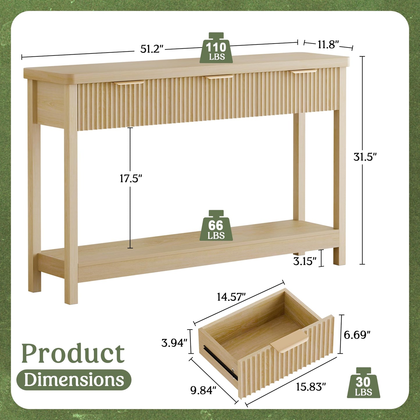 Lulive 51" Fluted Console Table for Entryway, Entryway Table with 3 Wooden Drawers, Farmhouse Behind Sofa Table for Living Room, Hallway, Couch, Foyer