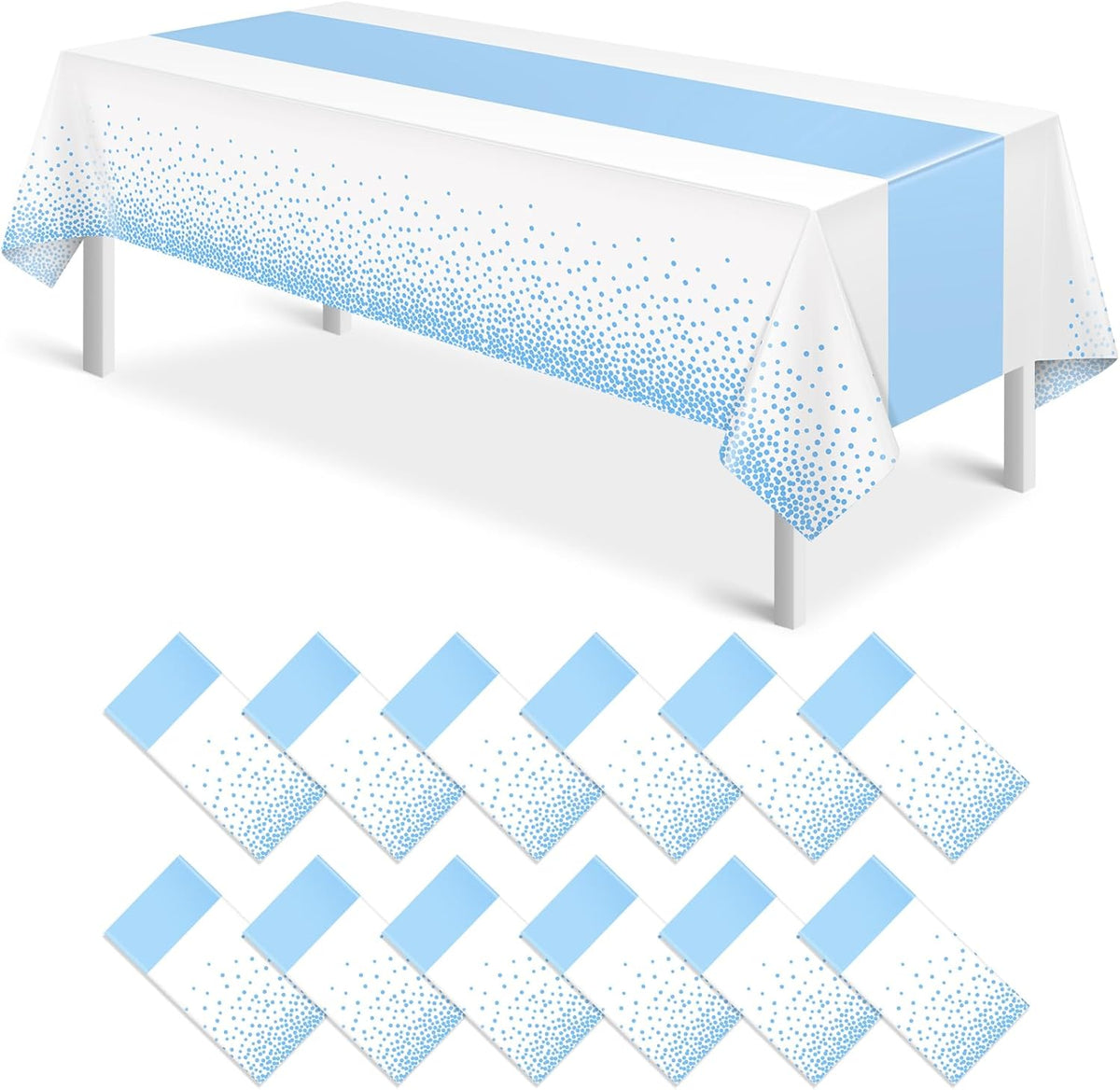 12Pcs White Light Blue Tablecloth Party Decorations,Plastic White Table Cloth Printed Baby Blue Tables Runner Disposable Rectangle Table Cover for Birthday Baby Shower Wedding Party,54 x108 Inch