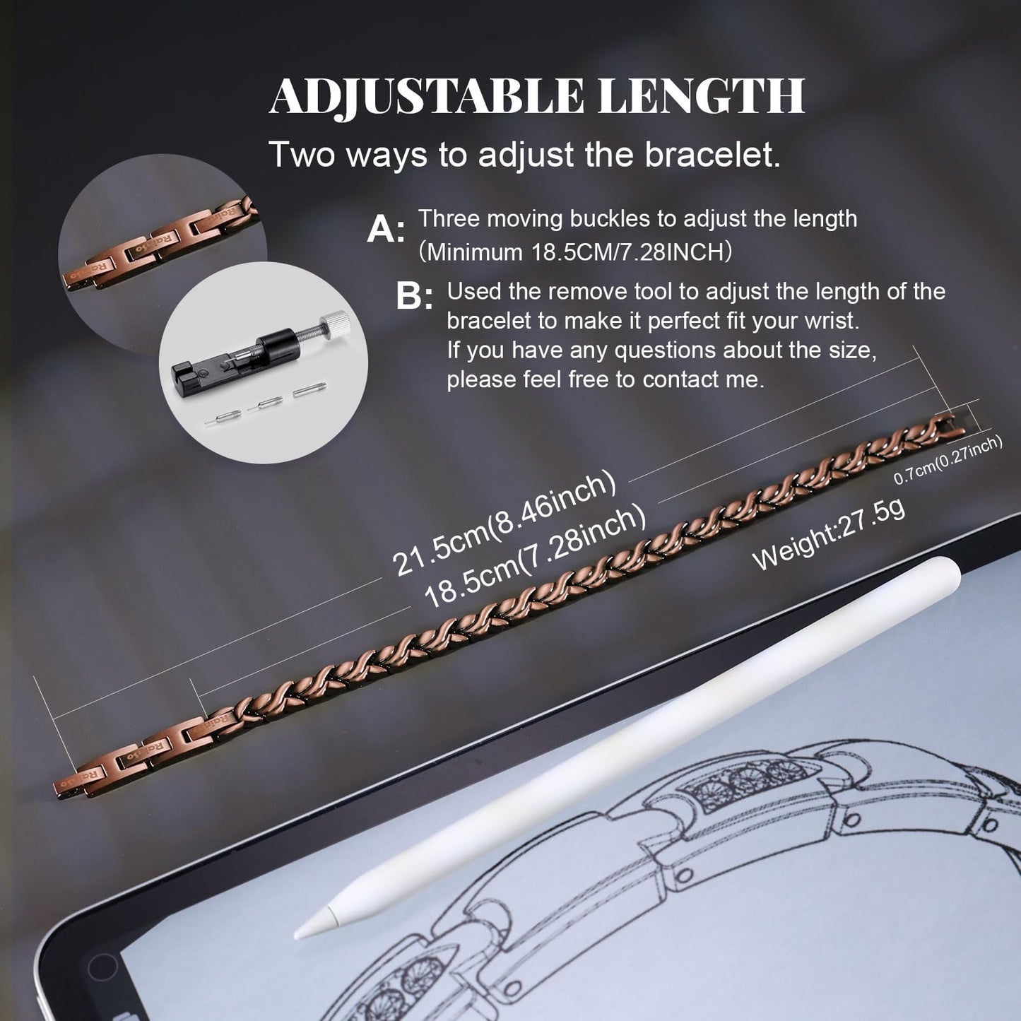RainSo Magnetic Copper Bracelets for Women – 99.99% Pure Solid Copper Bangle with 3 Smarter Button，Adjustable Wristband, Elegant Design