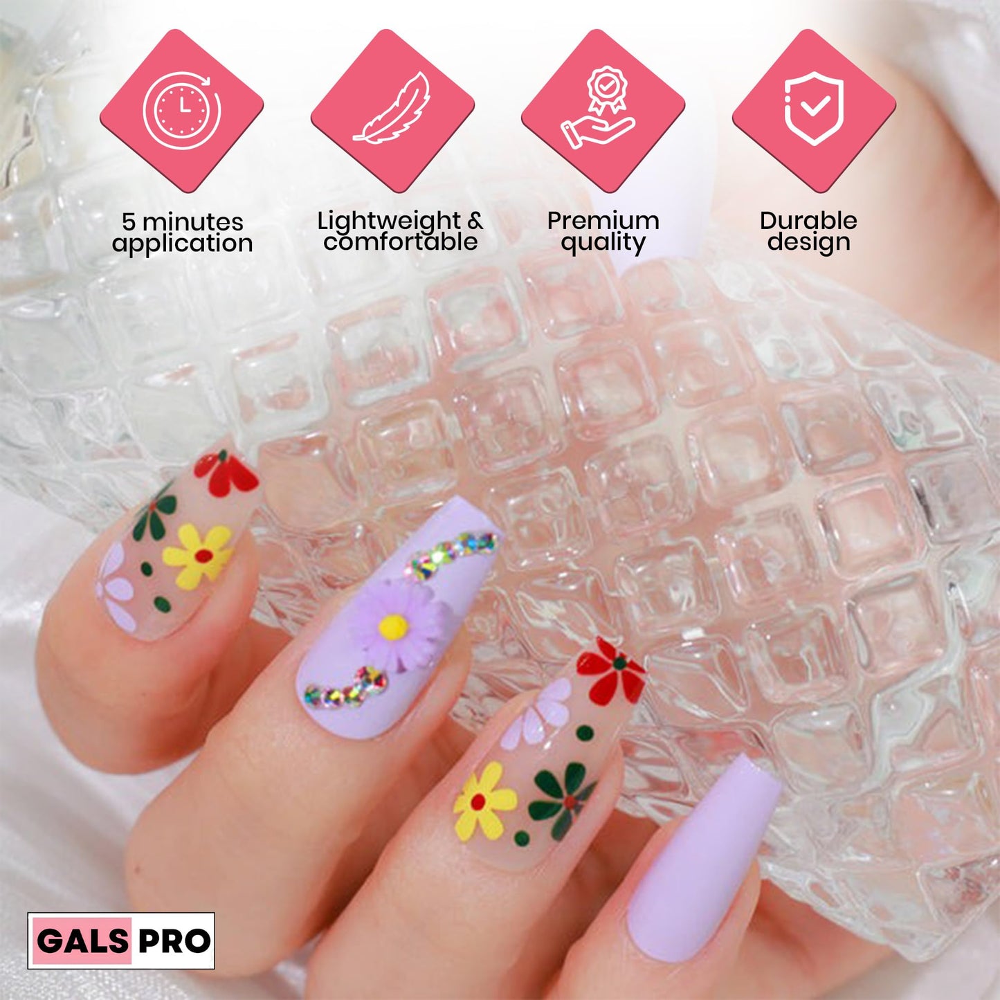 GALSPRO Medium Press on Nails - Set of 24 Fake Nails with Designs in 12 Different Sizes for Perfect Fit, Cute False Nails Kit for Women with 0.07oz Nail Glue, A Double Sided Nail File & Cuticle Stick