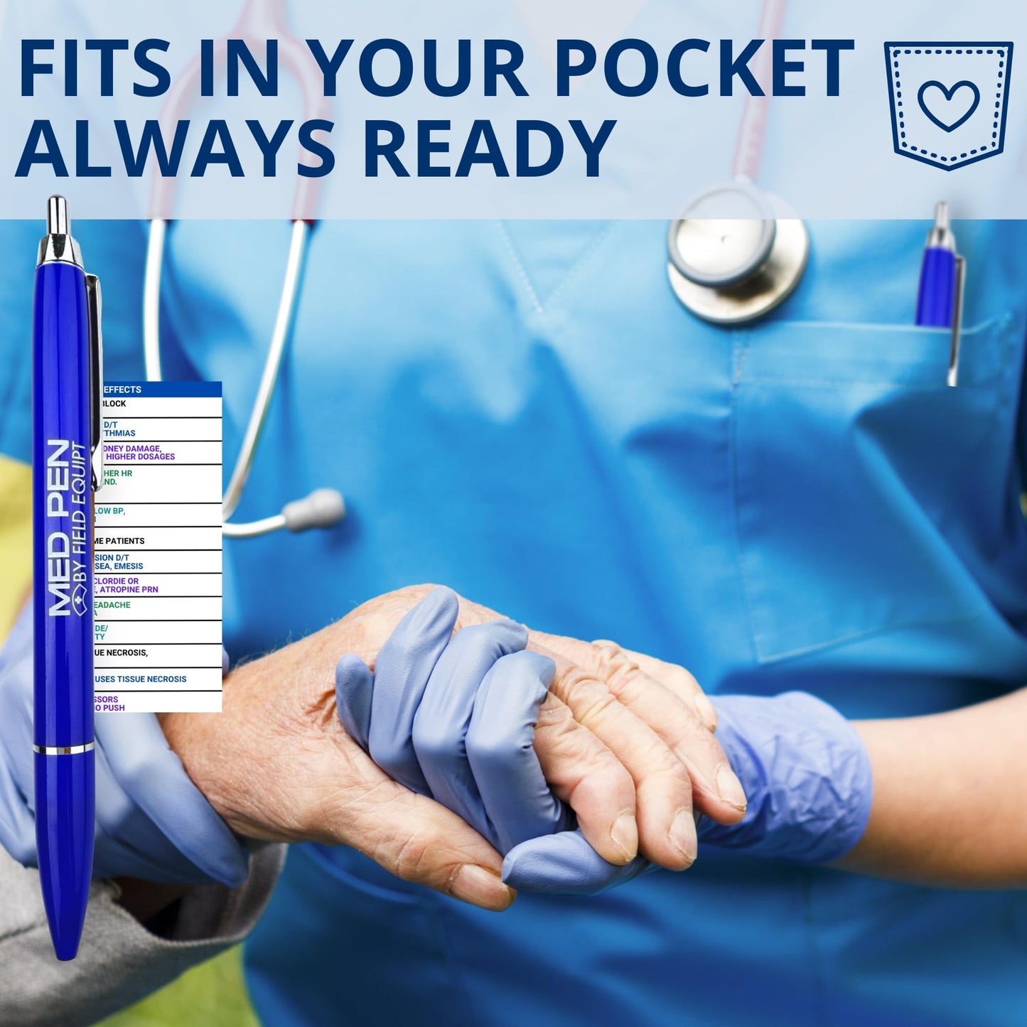 Field Equipt Med Pen Pens for Nurses, Retractable Cheat Sheet, Nursing School Essentials, Medical Assistant and Nurse Gifts for Women, 5 Pack (Blue)