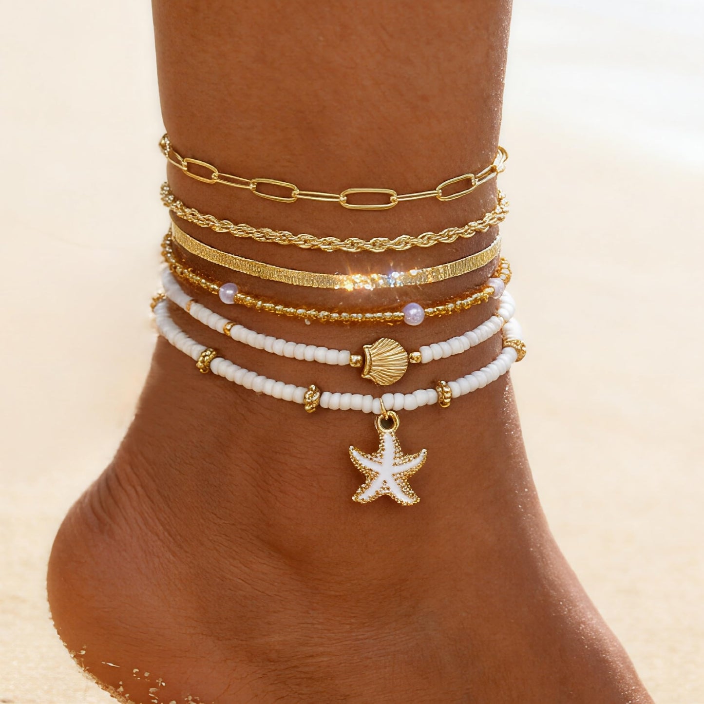 FAXHION Gold Ankle Bracelets for Women Waterproof, Starfish Bead Cuban Link Chain Adjustable Anklets Set, Hawaiian Boho Anklet Beach Waterproof Jewelry Gift for Women