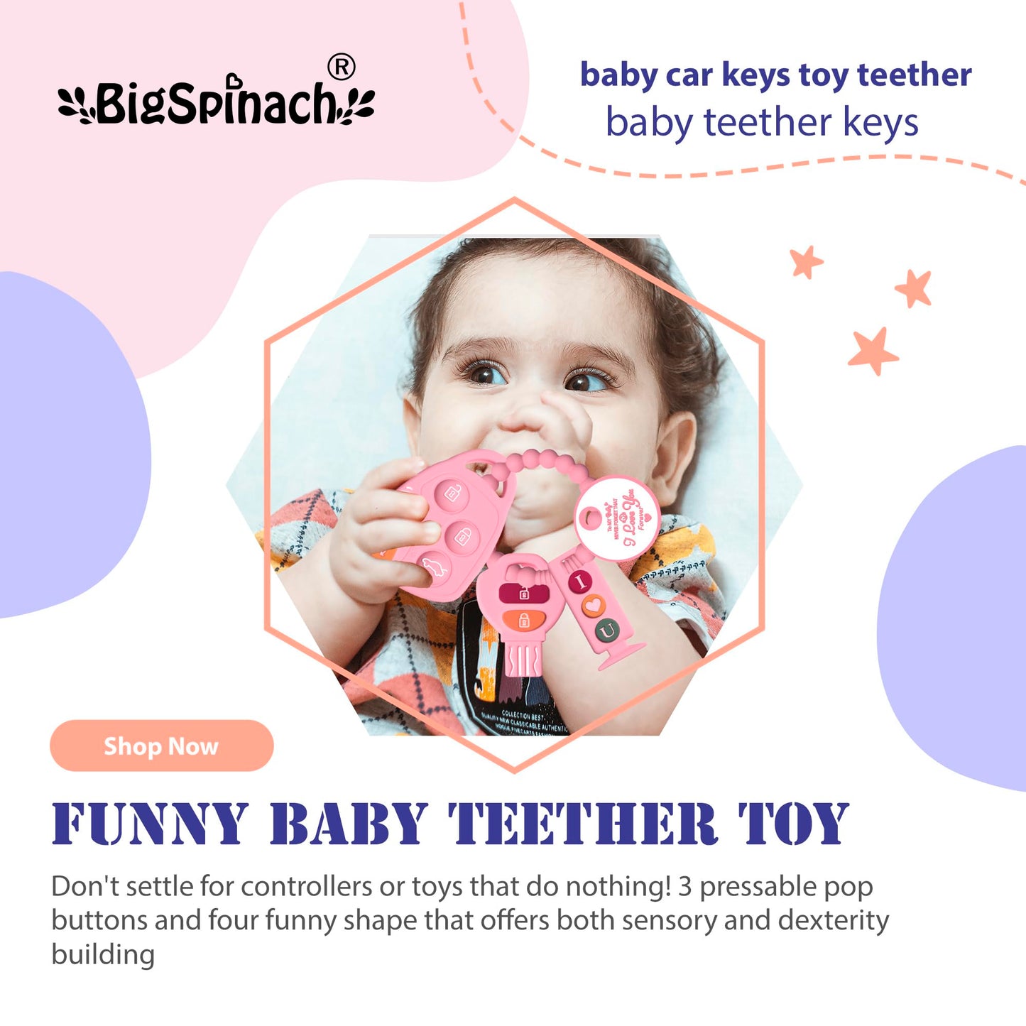 BIGSPINACH Baby Goth Teething Keys Toy 6-12M Pink Car Key Teether Combo Set