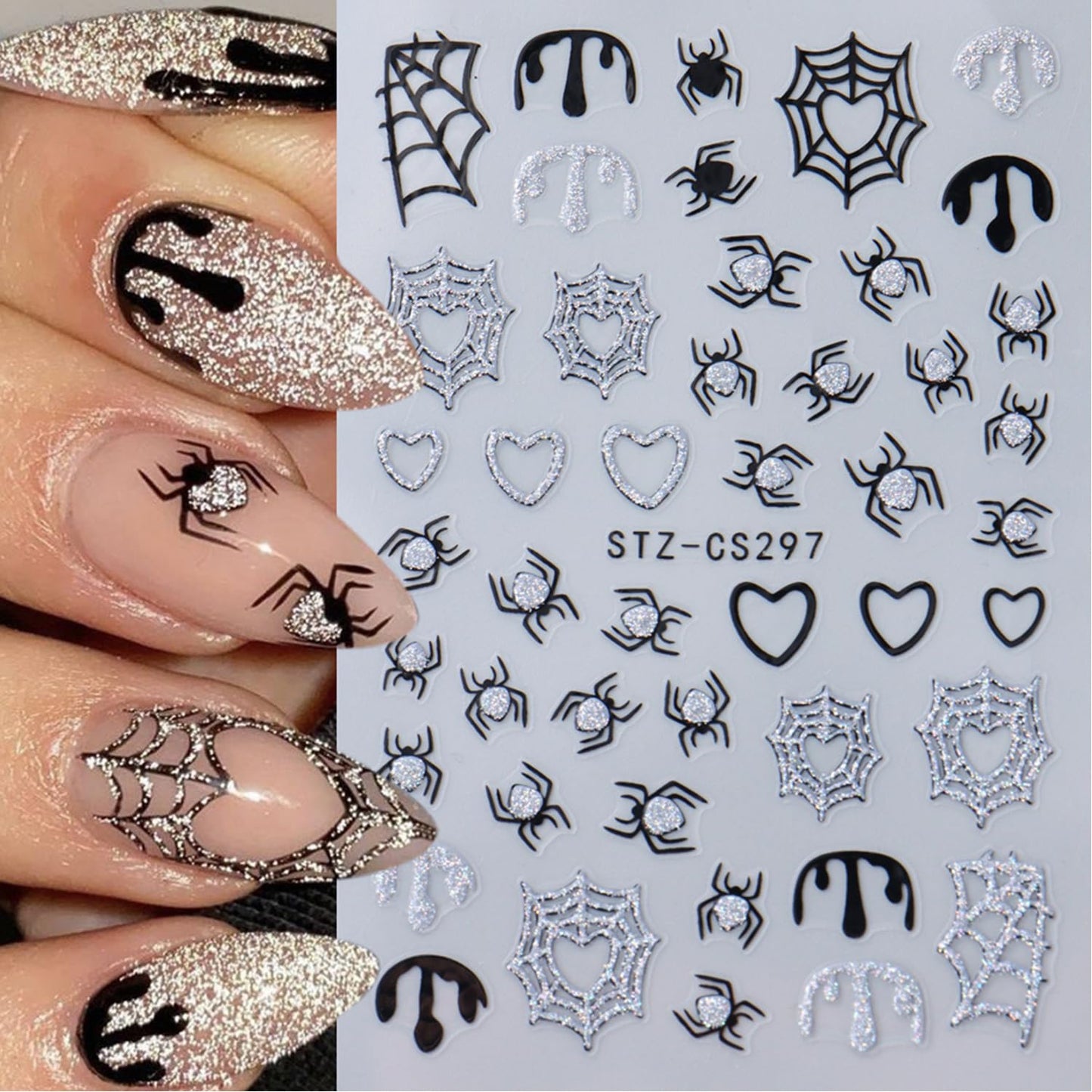 8 Sheets Halloween Nail Art Stickers Decals Spider Web Nail Stickers 3D Self-Adhesive White Black Gold and Silver Glitter Spider Web Designs Nail Decals Decorations for Women Halloween Nail Charms