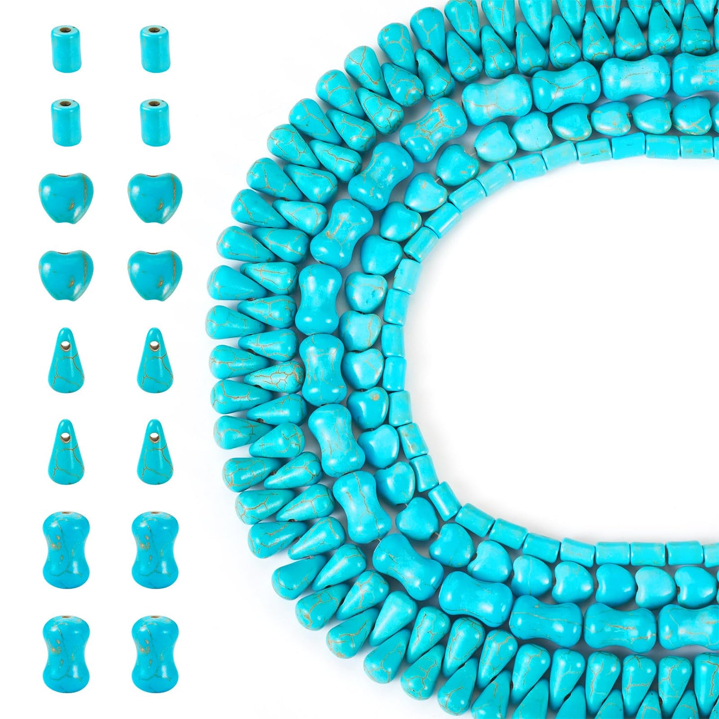 270Pcs Natural Stone Beads Turquoise Gemstone Beads Bone Teardrop Heart Column Turquoise Gemstone Loose Beads for Women Bohemian Earring Bracelet Necklace Jewelry Making