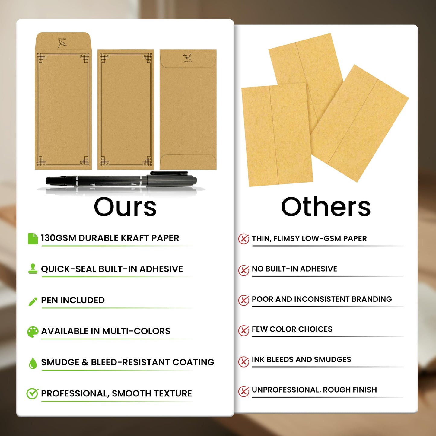 Envelex 100 Pack Brown Cash Envelopes with Black Pen, 3.2" x 6.6" 130 GSM Paper Envelopes with Gummed Flap for Seed Packets, Key Envelopes, Jewelry, Ticket Envelope & Small Parts