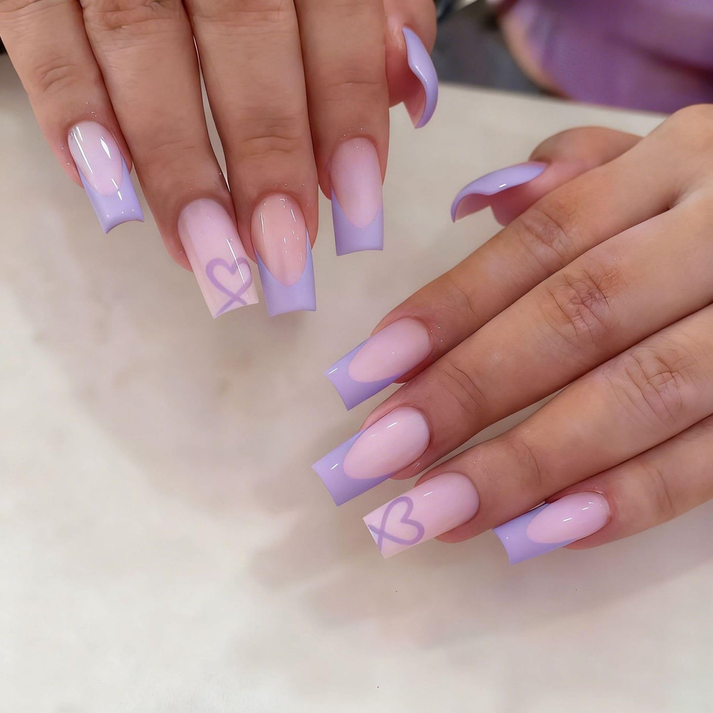 Coffin Press on Nails Medium - Purple French Tip Fake Nails with Heart Design - Glossy Full Cover Stick on False Nails - for Women 24 Pcs