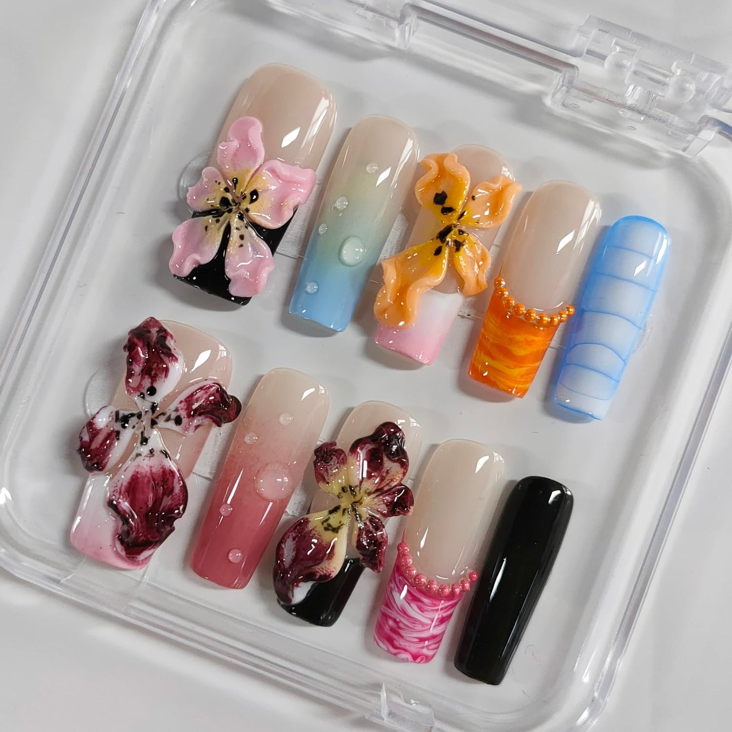 Handmade Press on Nails Medium Square 3D Floral French Tip Thick Acrylic Fake Nails Colorful False Nails with Lily Flower Water Drop Designs Sturdy Nail Art Press on Nails 10Pcs(M)