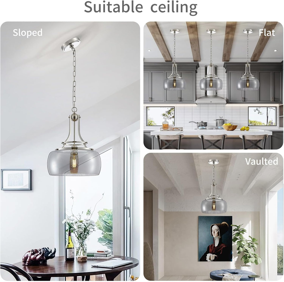WUZUPS Nickel Chandelier Rustic Farmhouse Industrial Round Ceiling Pendant LED Light Fixture with Electroplated Gray Glass Shade for Dining Room Kitchen Island Foyer Entryway, H 17" W 13.4", E26 Base