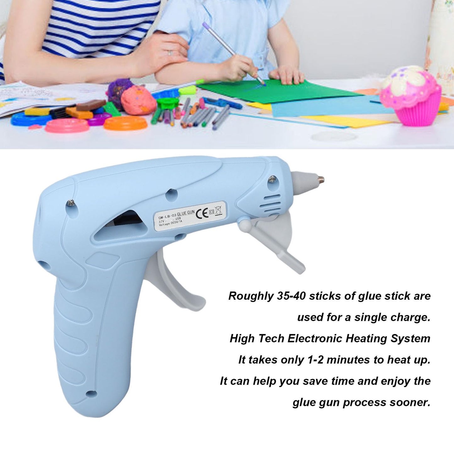 Cordless Hot Glue Gun, USB Rechargeable, Fast Preheating, Kit with 30 Glue Sticks, Portable, for Art and Decorations