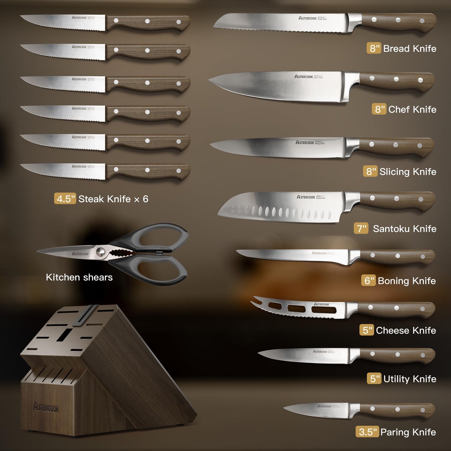 Astercook 17-Piece Knife Block Set with Built-in Sharpener, German Stainless Steel Full Tang Kitchen Knives, Ergonomic Walnut Handle Cutlery Set for Home Cooking & Gifting