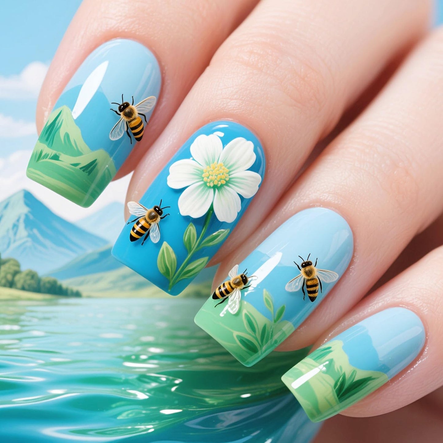 Summer Press on Nails Medium Square Fake Nails with White Flower Green Leaves Designs Glossy Nails Press ons Spring Blue Glue on Nails Acrylic Artificial Stick on Nails for Women 24Pcs
