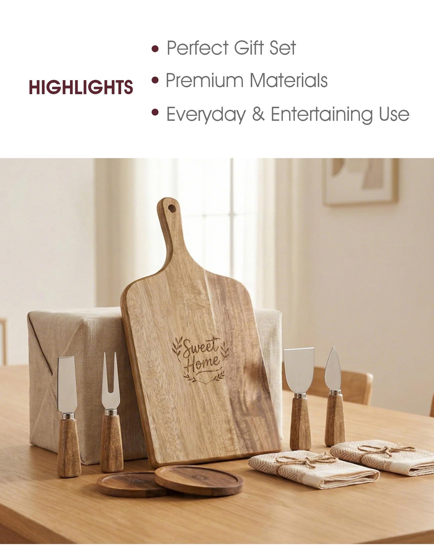 GleeNflux Charcuterie Board Gift Set, 9-Piece Acacia Wood Cheese Board with Knife Set, Elegant Serving Tray with Accessories, Gift Ready for Couples, Housewarming & Wedding