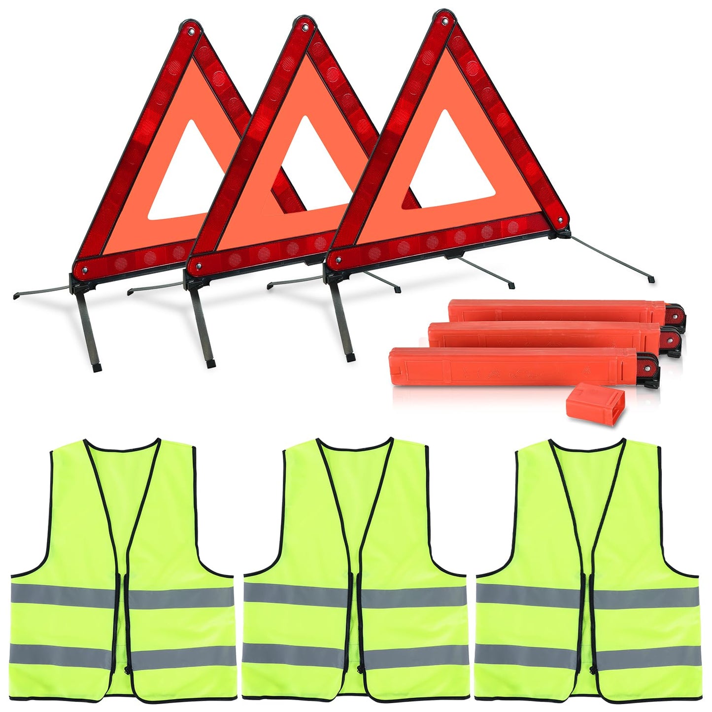 NATGAI 3 Pack Emergency Warning Triangles, Reflective Roadside Safety Triangle Kit with Storage Case and 3 Pack High-Visibility Safety Vests, Foldable Reflective Triangles for Roadside Emergencies