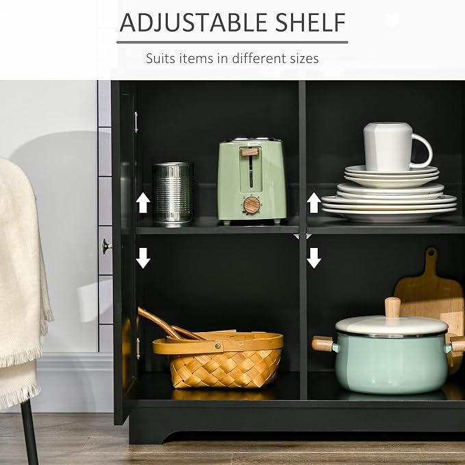 HOMCOM Sideboard with Solid Wood Countertop, Modern Kitchen Storage Cabinet, Coffee Bar Cabinet with 3 Drawers, Doors and Adjustable Shelf, Black