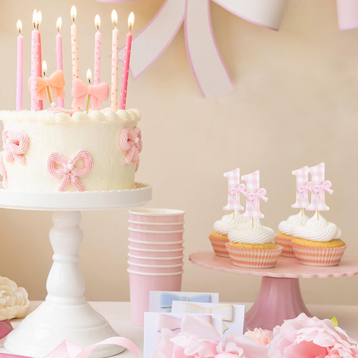 12Pcs Bow 1st Birthday Cupcake Toppers - Sweet One Birthday Decorations,First Wedding Anniversary Bowknot Cupcake Toppers,Pink Bow Cake Smash Photo Props,Coquette Party Table Centerpieces