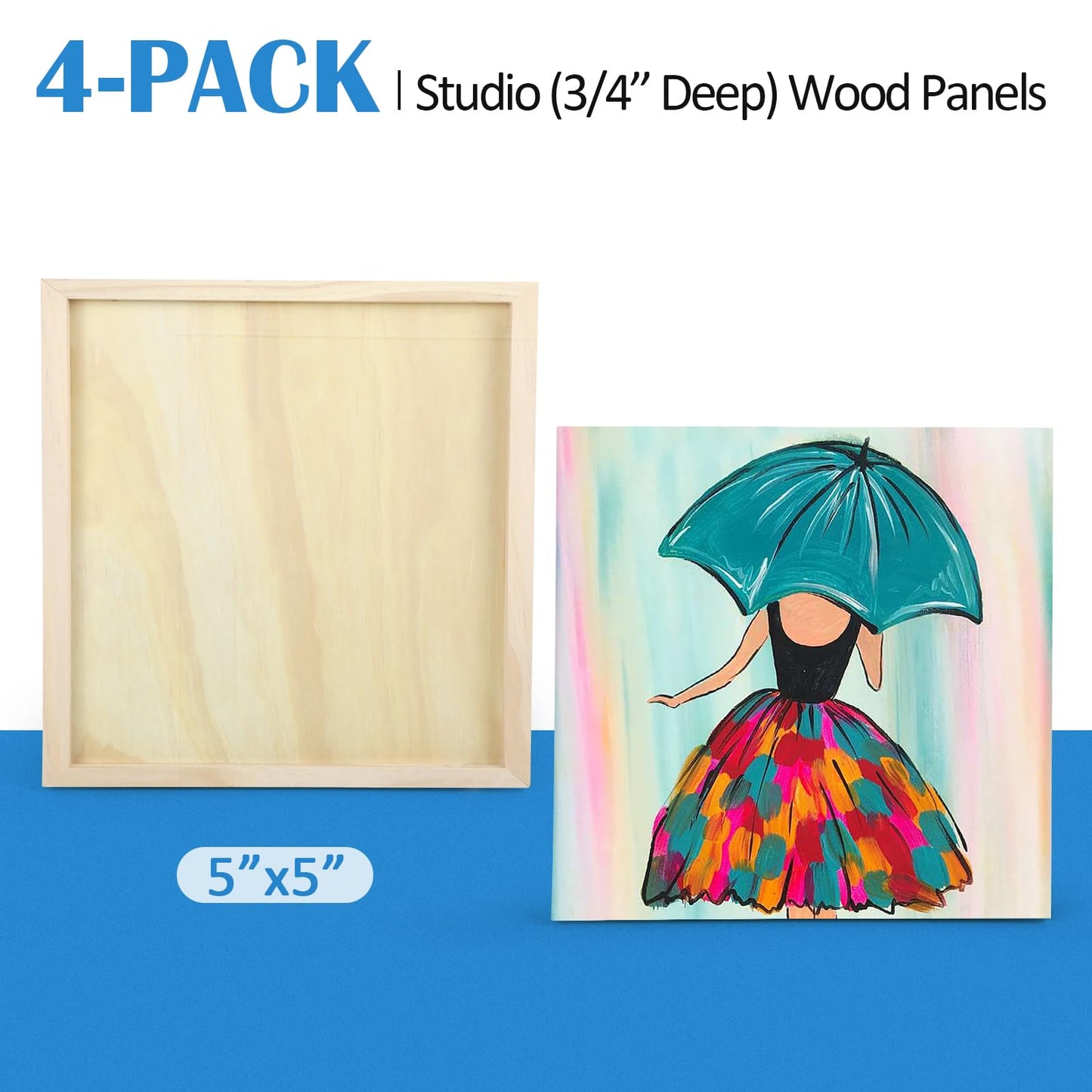 Falling in Art Unfinished Birch Wood Panels Kit for Painting, Wooden Canvas 4 Pack of 5x5’’ Studio 3/4’’ Deep, Cradle Boards for Pouring, Art, Crafts, Burning and More