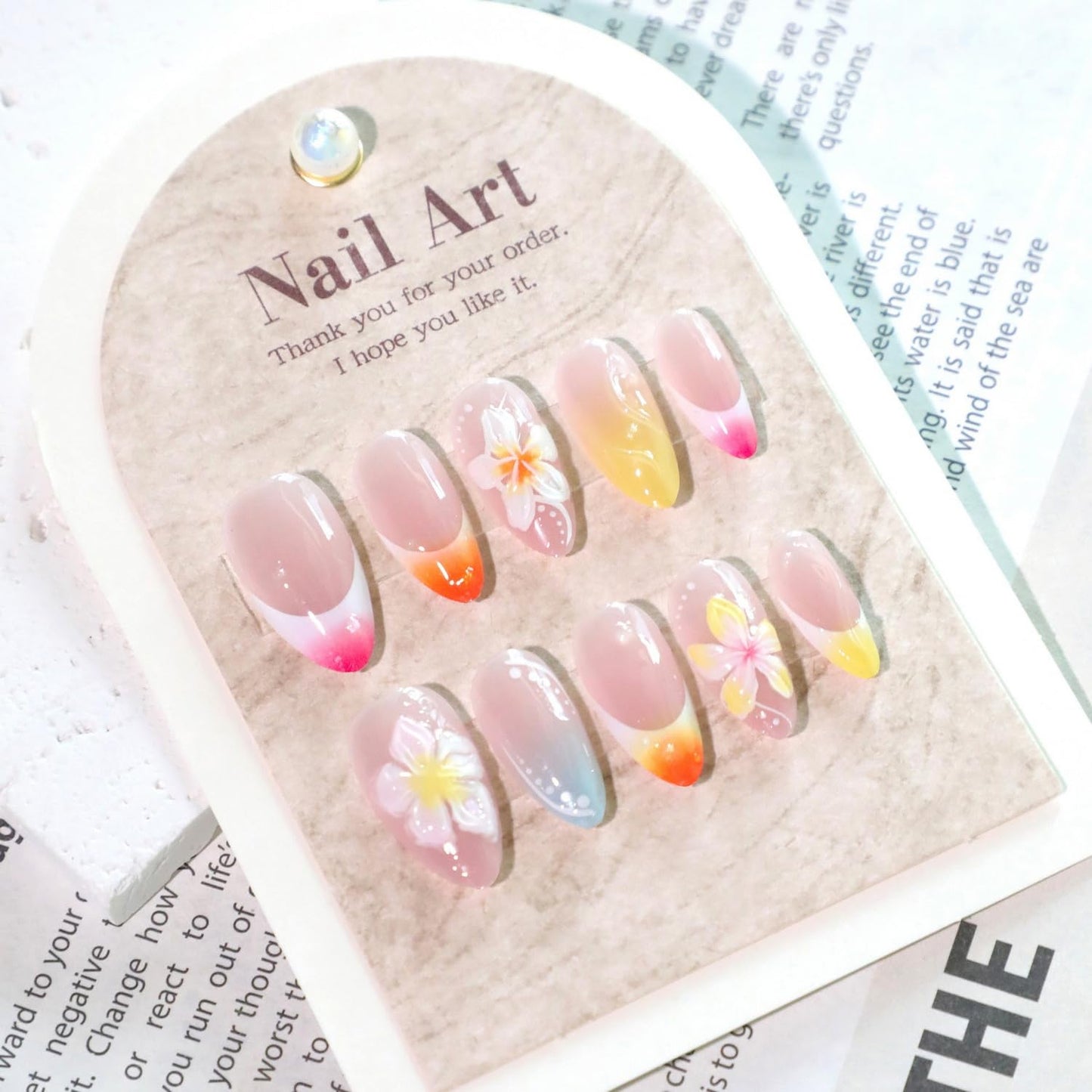 French Tip Press on Nails Medium Almond SWEKKE 3D Flower Fake Nails False Nails with Plumeria Designs Hawaii Glossy Glue on Nails Summer Stick on Nails for Women Girls 24Pcs