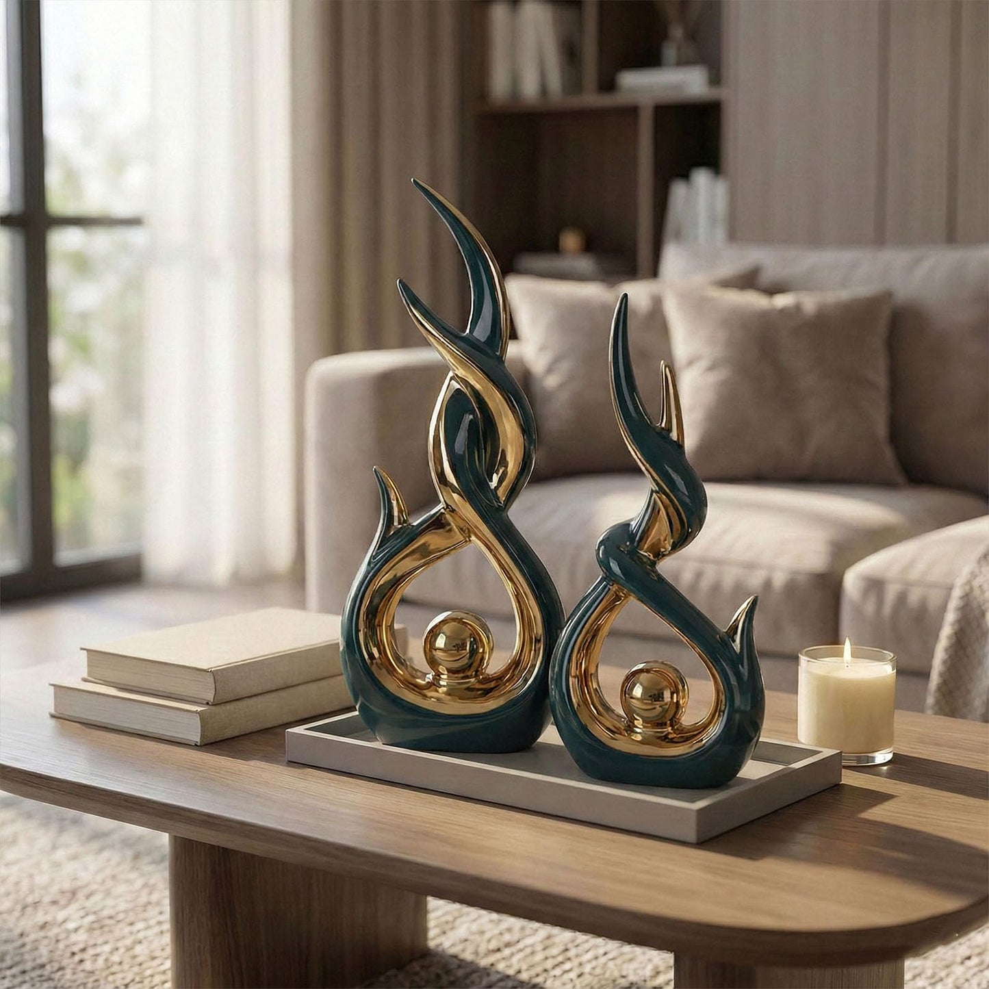 LCCCK Green and Gold Abstract Ceramic Sculpture Set of 2 Modern Electroplated Figurines Decorative Statues for Living Room Shelf Mantel Tabletop Home Decor Housewarming Gift
