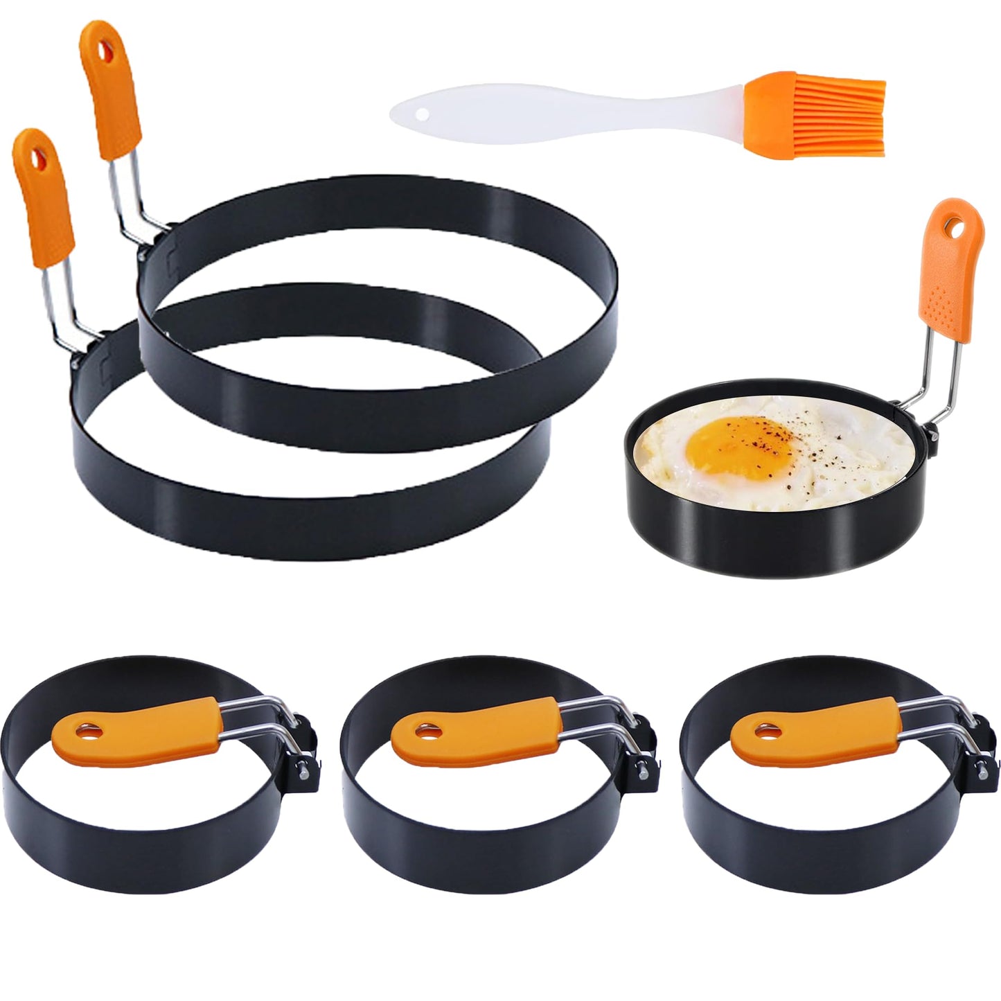 3.5" Egg Rings 6“ Pancake Mold with Silicone Handle, Round Mold for English Muffins - Griddle Cooking Shaper for Indoor Camping Breakfast Sandwiches w/Silicone Oil Brush set of 6 (4pcs 3.5"+2pcs 6")