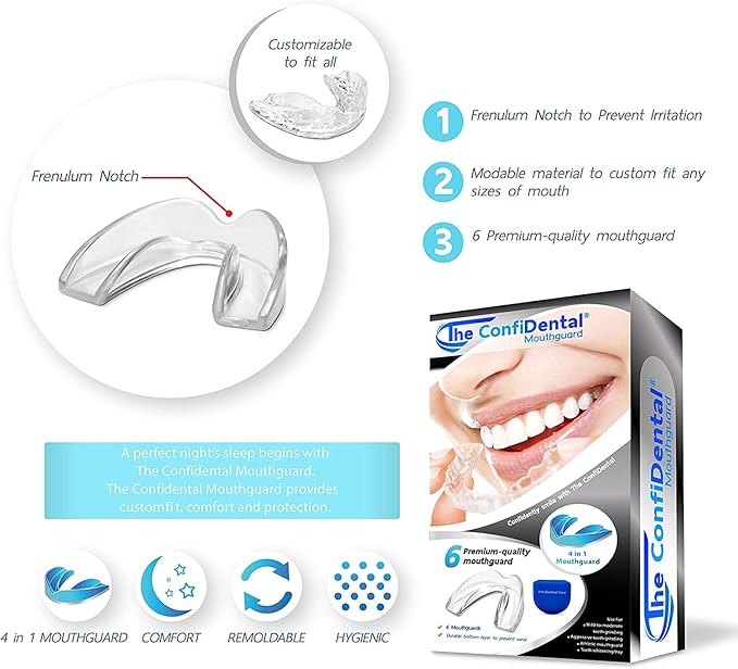 The ConfiDental Mouth Guard for Grinding Teeth at Nighttime Pack of 6 Moldable Dental Bite Guards for Clenching and Bruxism, Custom Fit for Comfortable Sleep