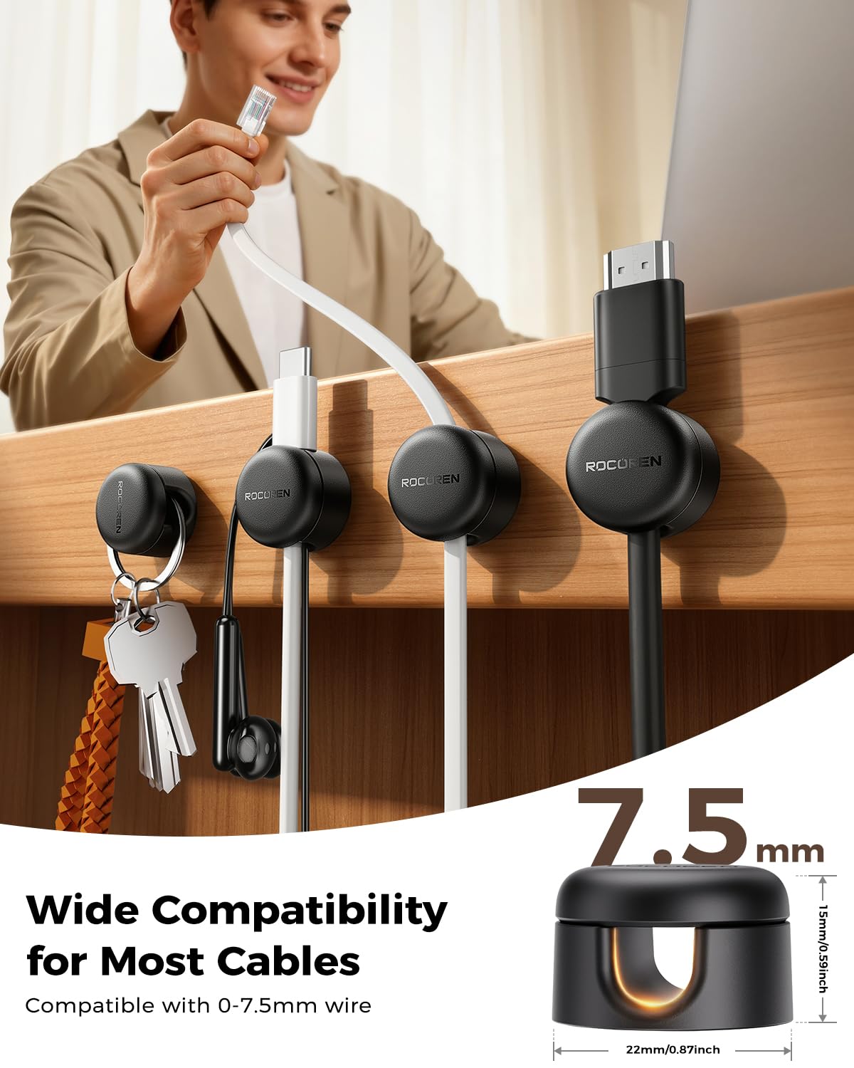 9-Pack Cable Clips [Upgraded],Rocoren Magnetic 360° Rotatable Cord Holder, Adhesive Cable Management Organizer,Wire Keeper for Nightstand Desk Car Phone Wall Home Office Accessories