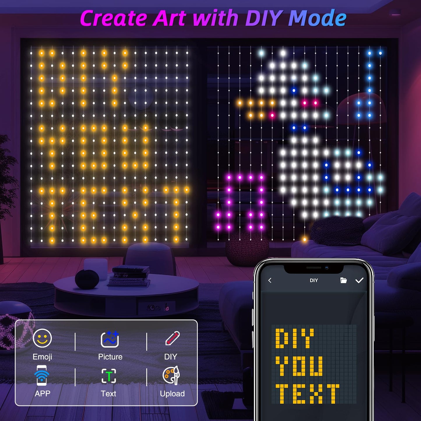 VOXPOA Smart LED Curtain Lights, Color Changing String Lights, 5.25x5.25ft, Multicolour, Model HCL-002