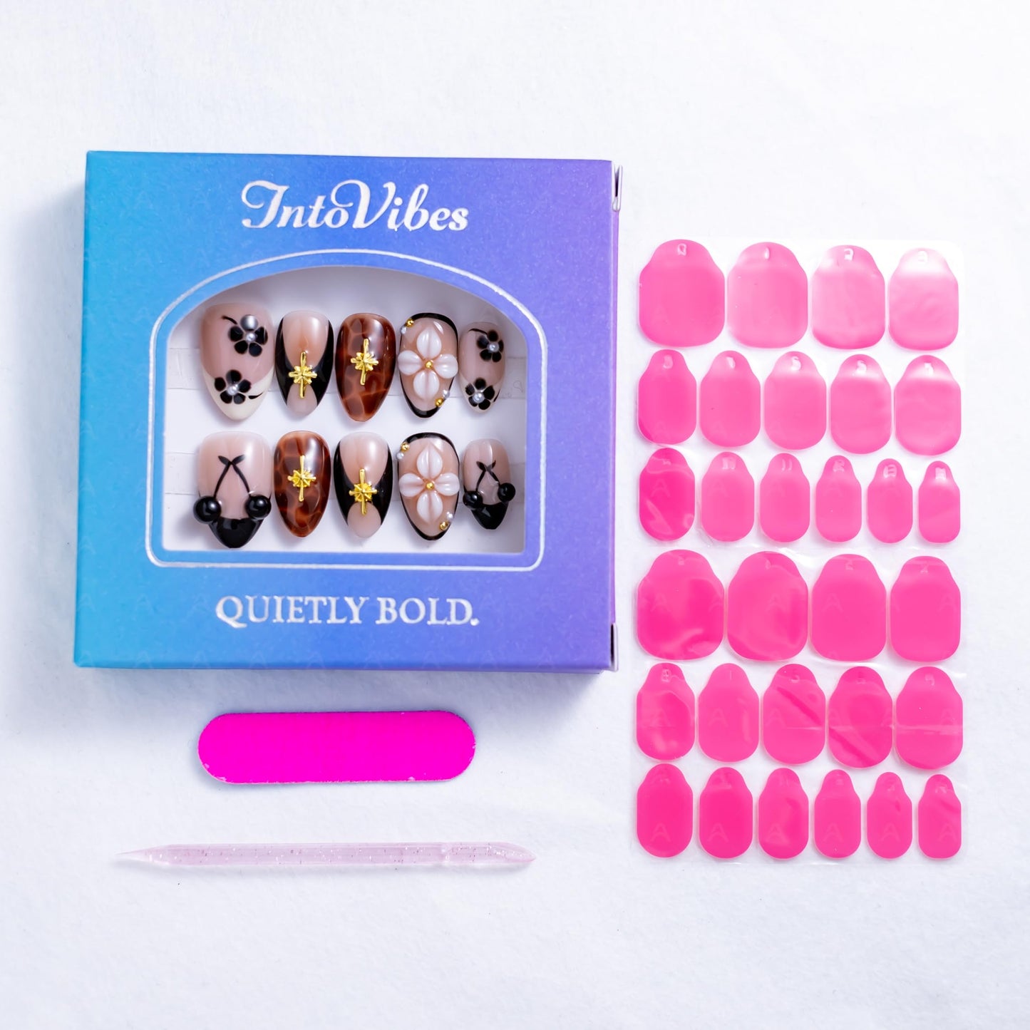 IntoVibes 10 Pieces Handmade Short Almond Press On Nails, Black Thickened False Nails, 3D Cherries And Flowers, Reusable Fake Nails Almond, Reusable Acrylic Nails (M)