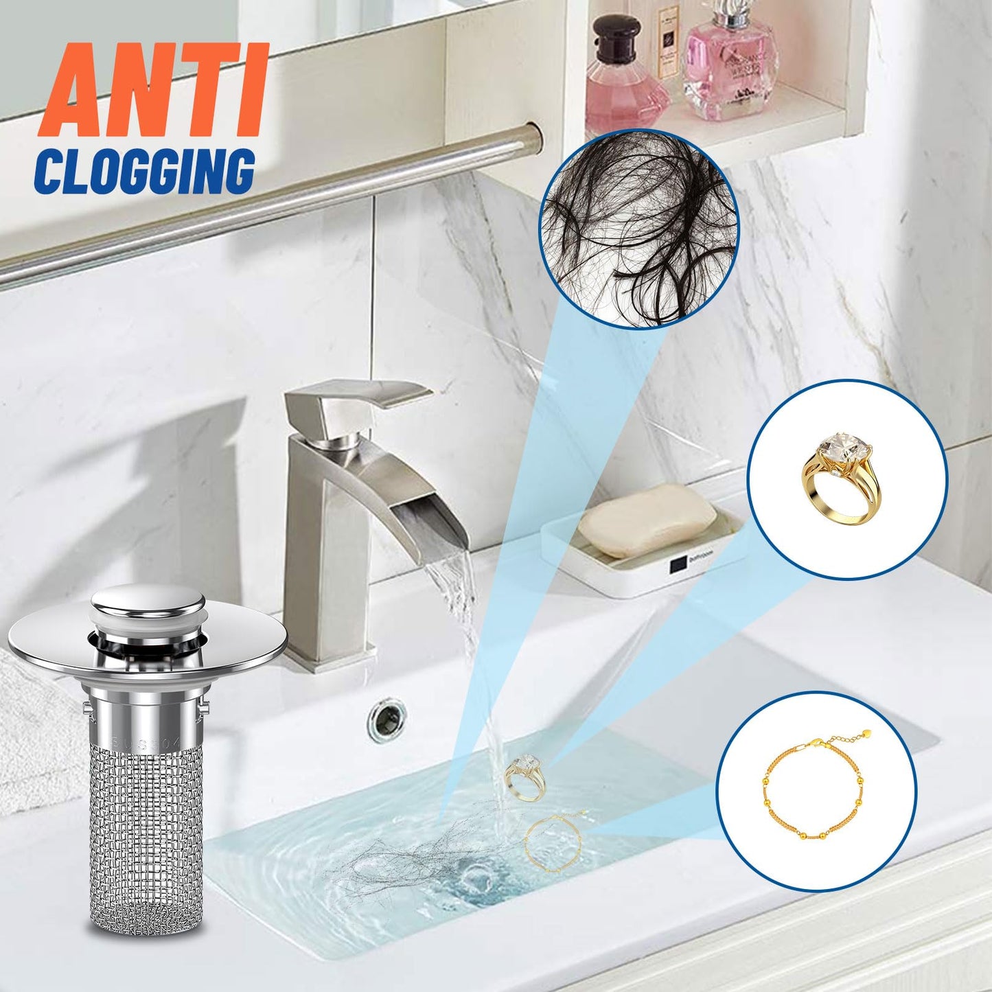 Vakabiu 2024 New Pop Up Bathroom Sink Drain Strainer Hair Catcher, Sink Drain Stopper with Removable Stainless Steel Filter Basket,for US Bathroom Sink Stopper Replacement (2PCS)