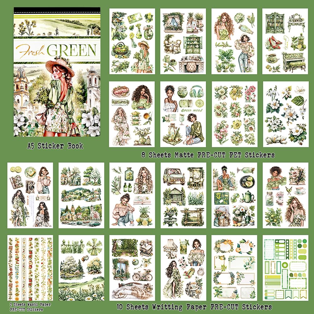 Dwpetzo Fresh Green Scrapbook Sticker Book for Scrapbooking, A5 Size, Assorted PET Washi Paper Materials, 20 Sheets Diecut Journaling Stickers for Adults, Junk Journal Supplies, Collage, Crafts Arts