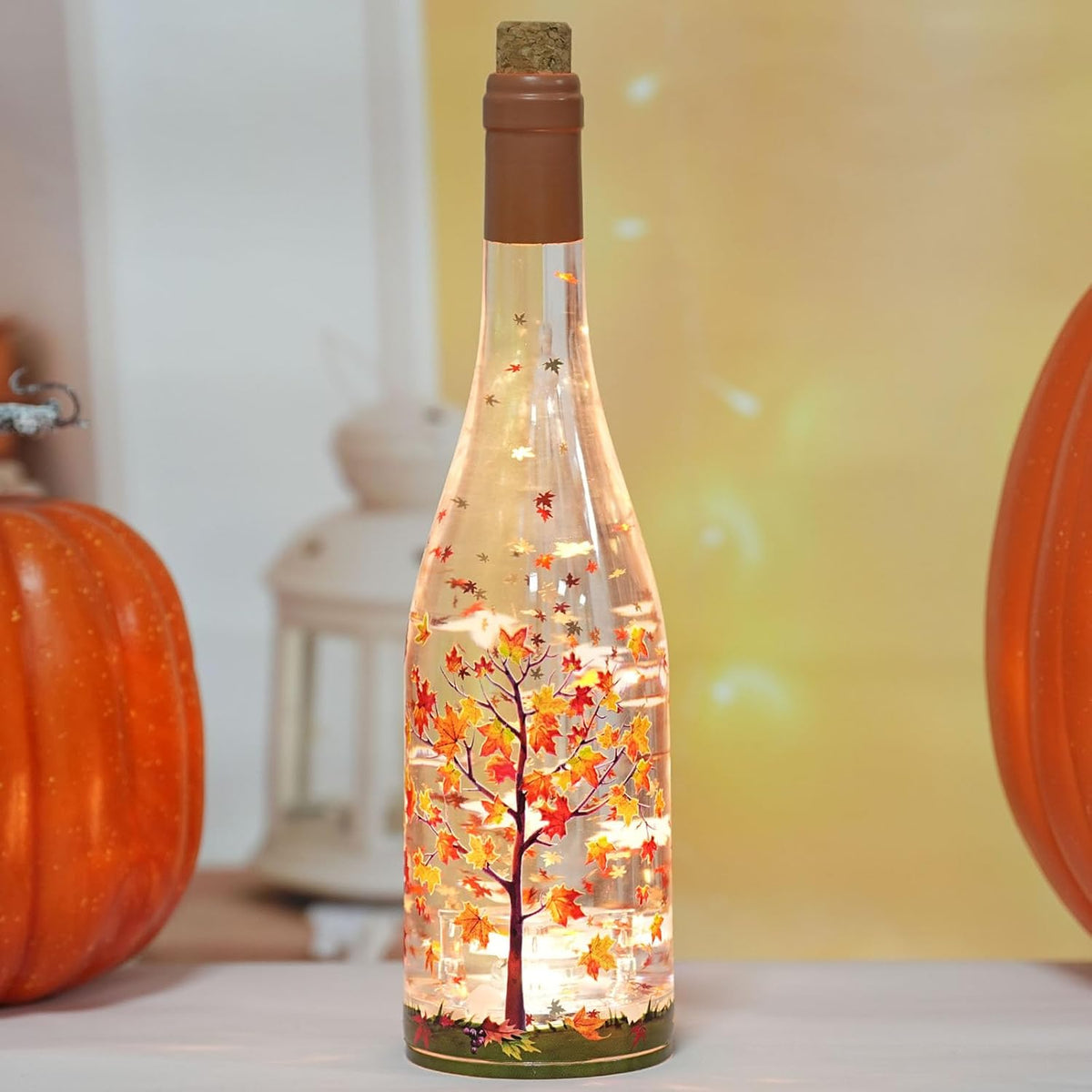 Fall Decorations for Home Maple Glitter Snow Globe Lantern with 6H Timer, Battery Operated Autumn Thanksgiving Gift