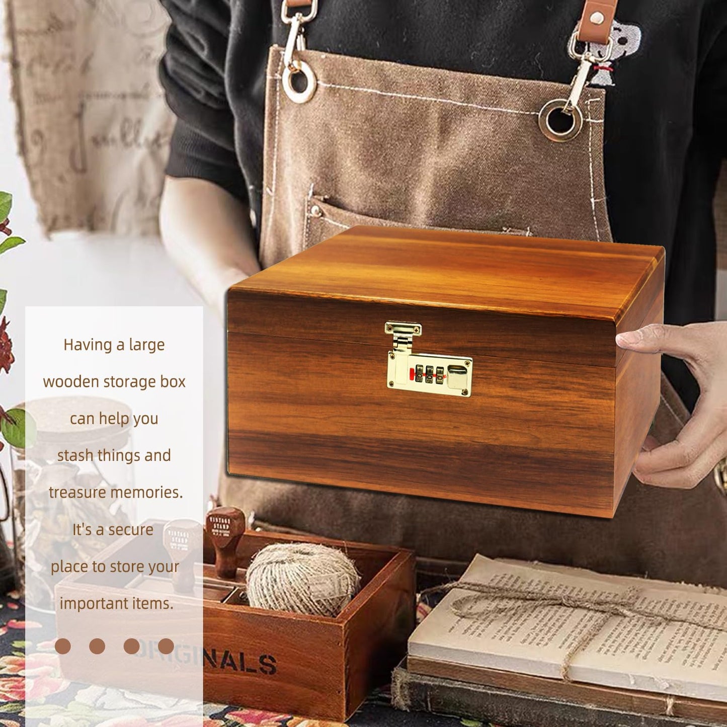 MFLUEEWR Large Wooden Box with Hinged Lid with Combination Lock,Wood Storage Box Decorative Lockable Chest for Keepsakes, Valuables, Accessories, Treasured Items(Code No Grid)